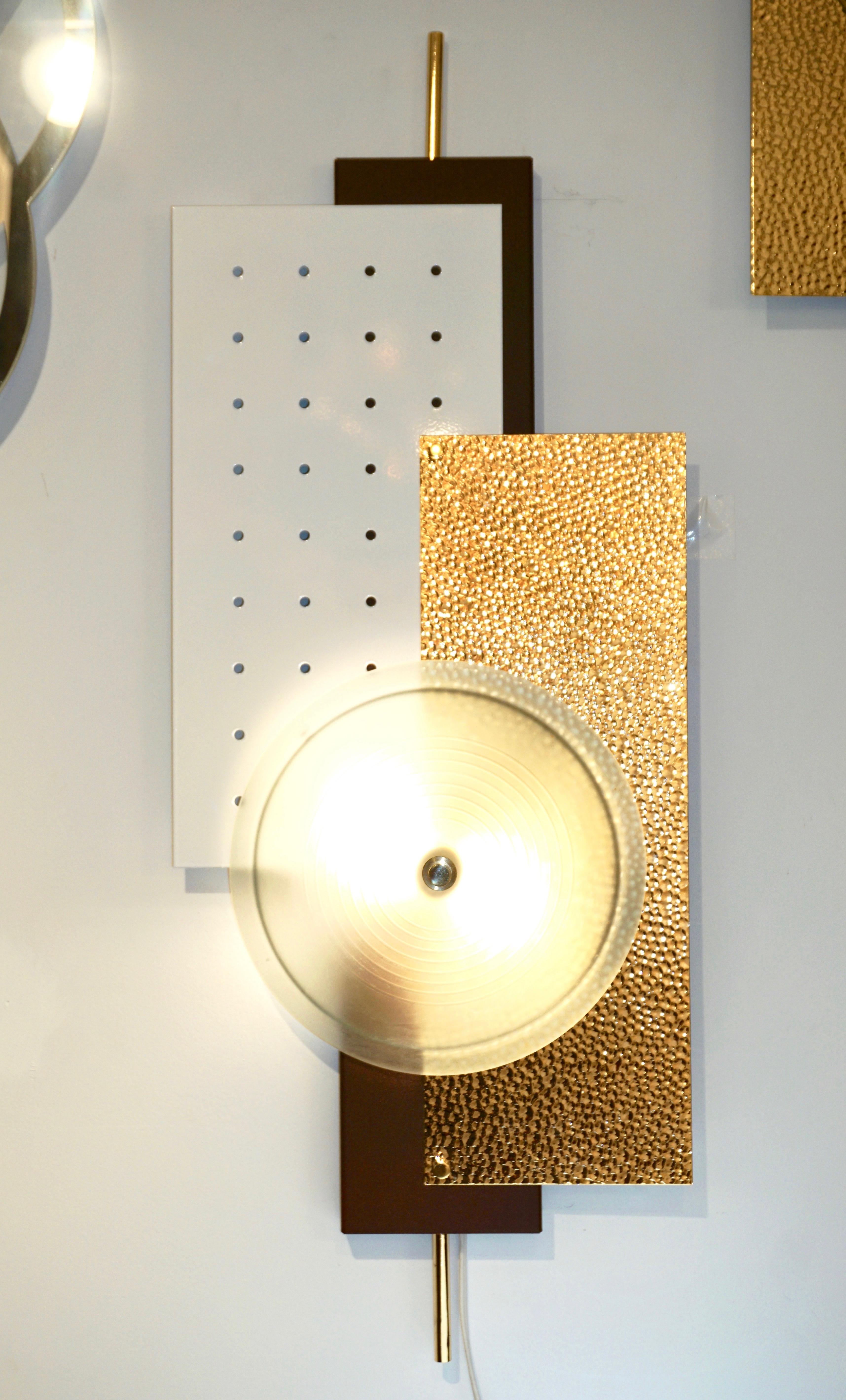 Italian Modernist Gold White & Brown Geometric Textured Metal & Glass Sconces For Sale 8