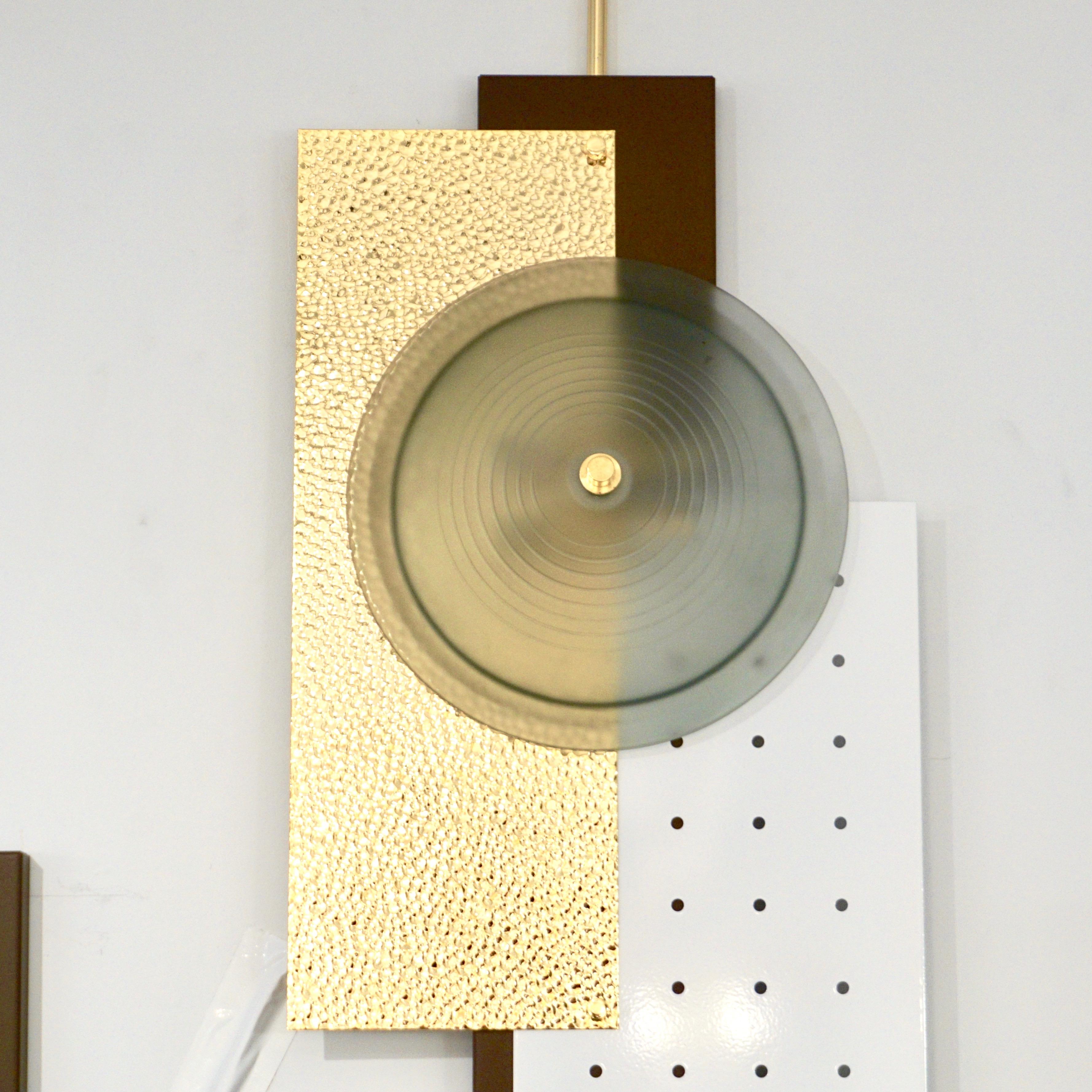Italian Modernist Gold White & Brown Geometric Textured Metal & Glass Sconces For Sale 9