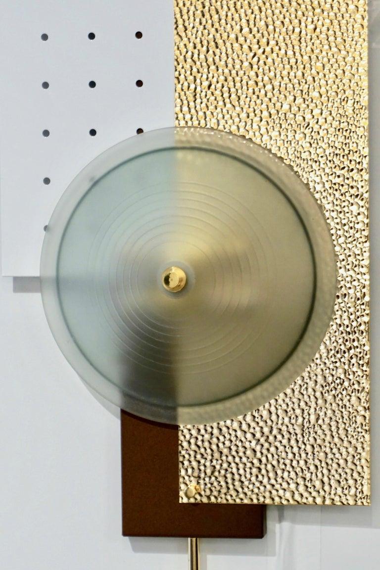Italian Modernist Gold White & Brown Geometric Textured Metal & Glass Sconces For Sale 11