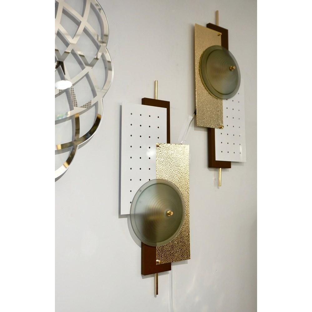 Cold-Painted Italian Modernist Gold White & Brown Geometric Textured Metal & Glass Sconces For Sale