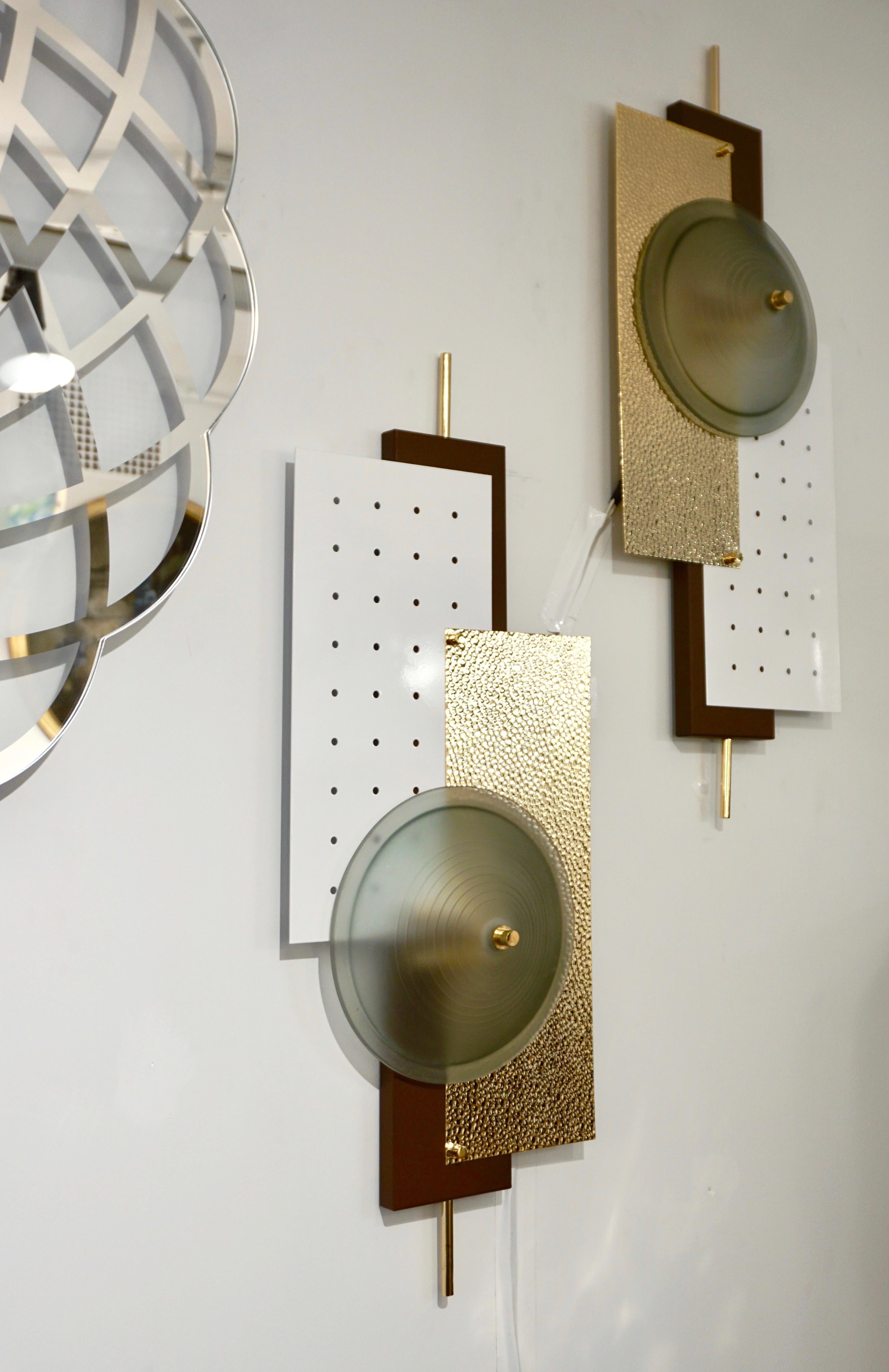 Gilt Italian Modernist Gold White & Brown Geometric Textured Metal & Glass Sconces For Sale