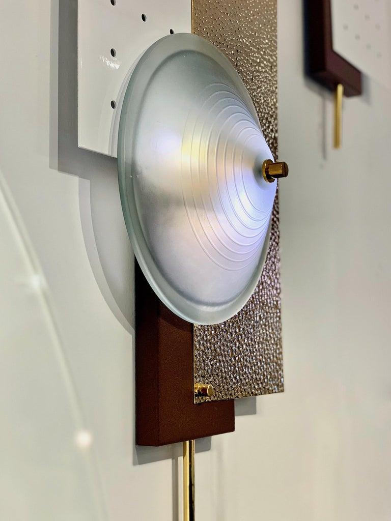 Italian Modernist Gold White & Brown Geometric Textured Metal & Glass Sconces For Sale 2