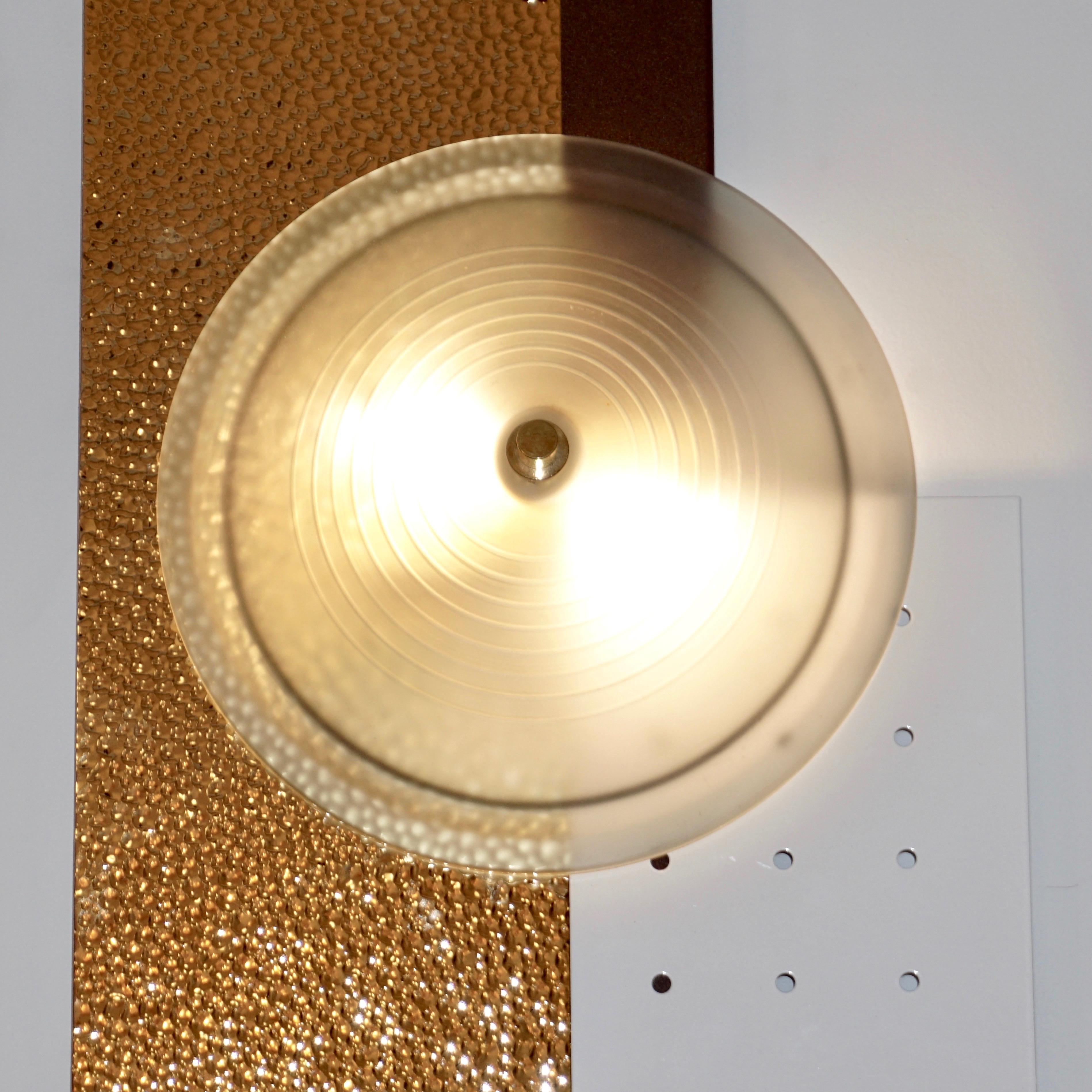 Italian Modernist Gold White & Brown Geometric Textured Metal & Glass Sconces For Sale 5