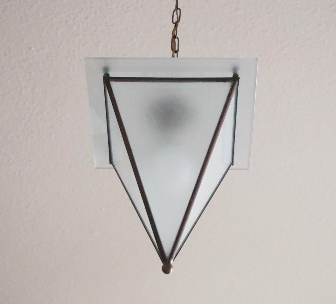 Italian Modernist Handcrafted Brass Frosted Glass Pyramid Shaped Lantern, 1950s 4