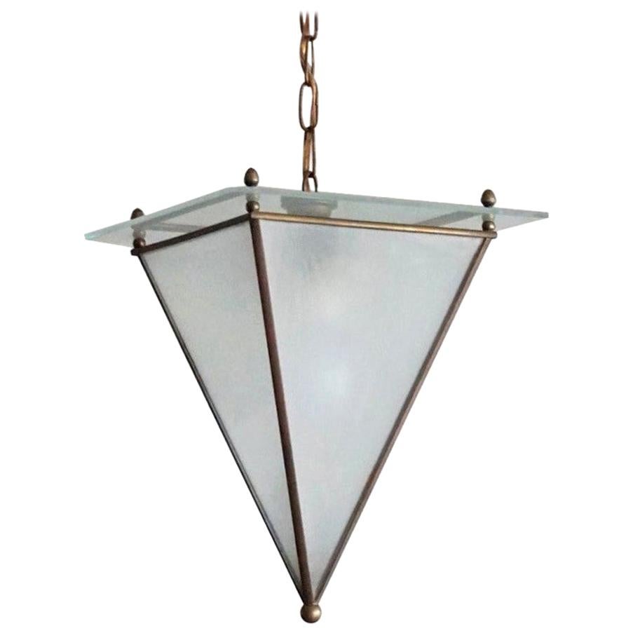 Art Deco Italian Modernist Handcrafted Brass Frosted Glass Pyramid Shaped Lantern, 1950s