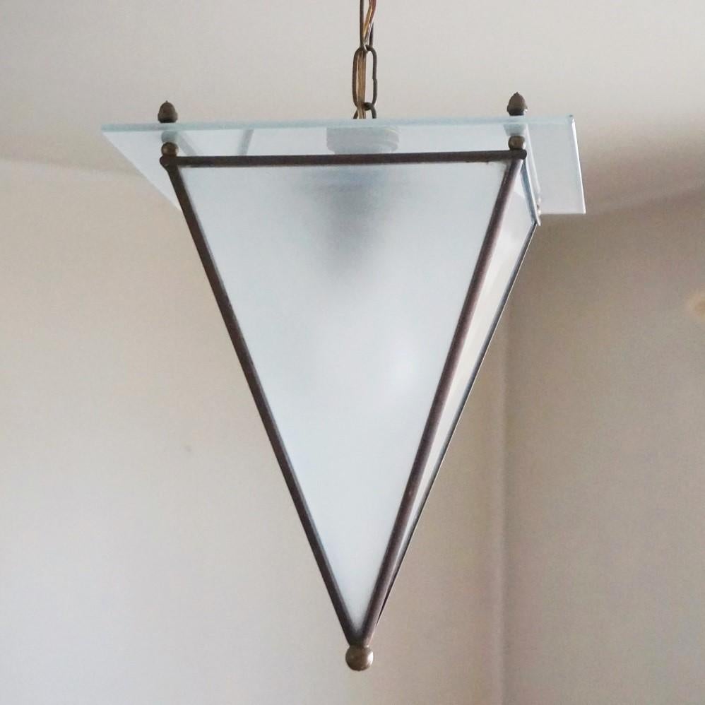 Italian Modernist Handcrafted Brass Frosted Glass Pyramid Shaped Lantern, 1950s 2