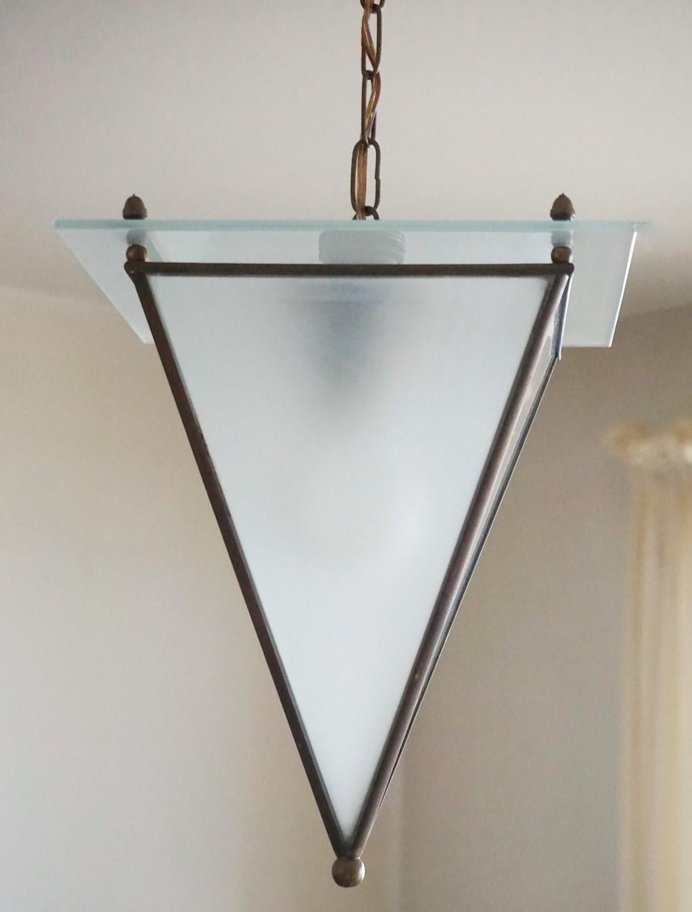 Italian Modernist Handcrafted Brass Frosted Glass Pyramid Shaped Lantern, 1950s 3