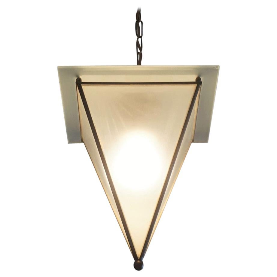Italian Modernist Handcrafted Brass Frosted Glass Pyramid Shaped Lantern, 1950s
