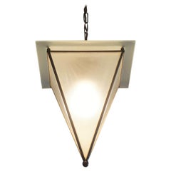 Italian Modernist Handcrafted Brass Frosted Glass Pyramid Shaped Lantern, 1950s