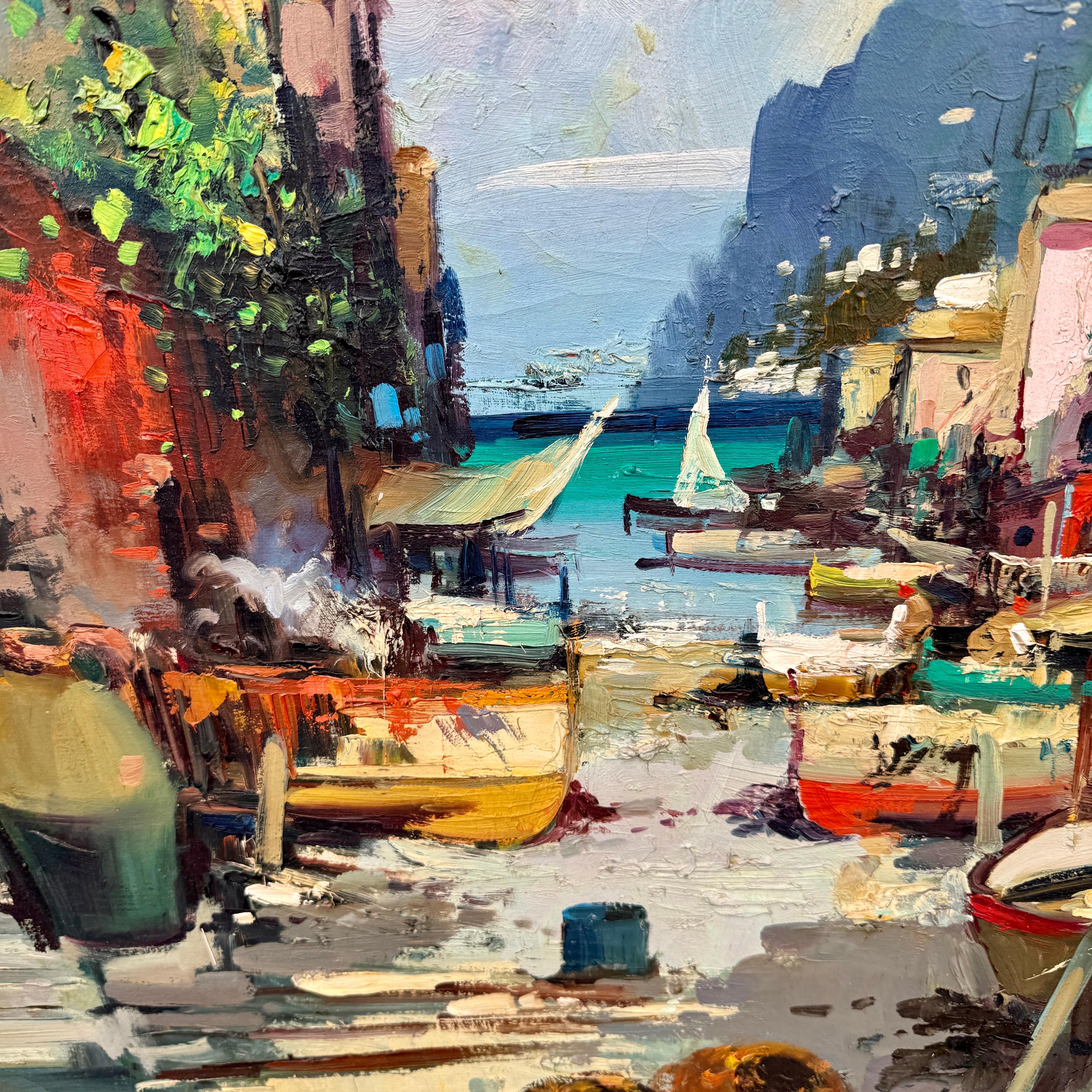 Peinture à l'huile impressionniste moderniste italienne Paysage marin Village  en vente 3