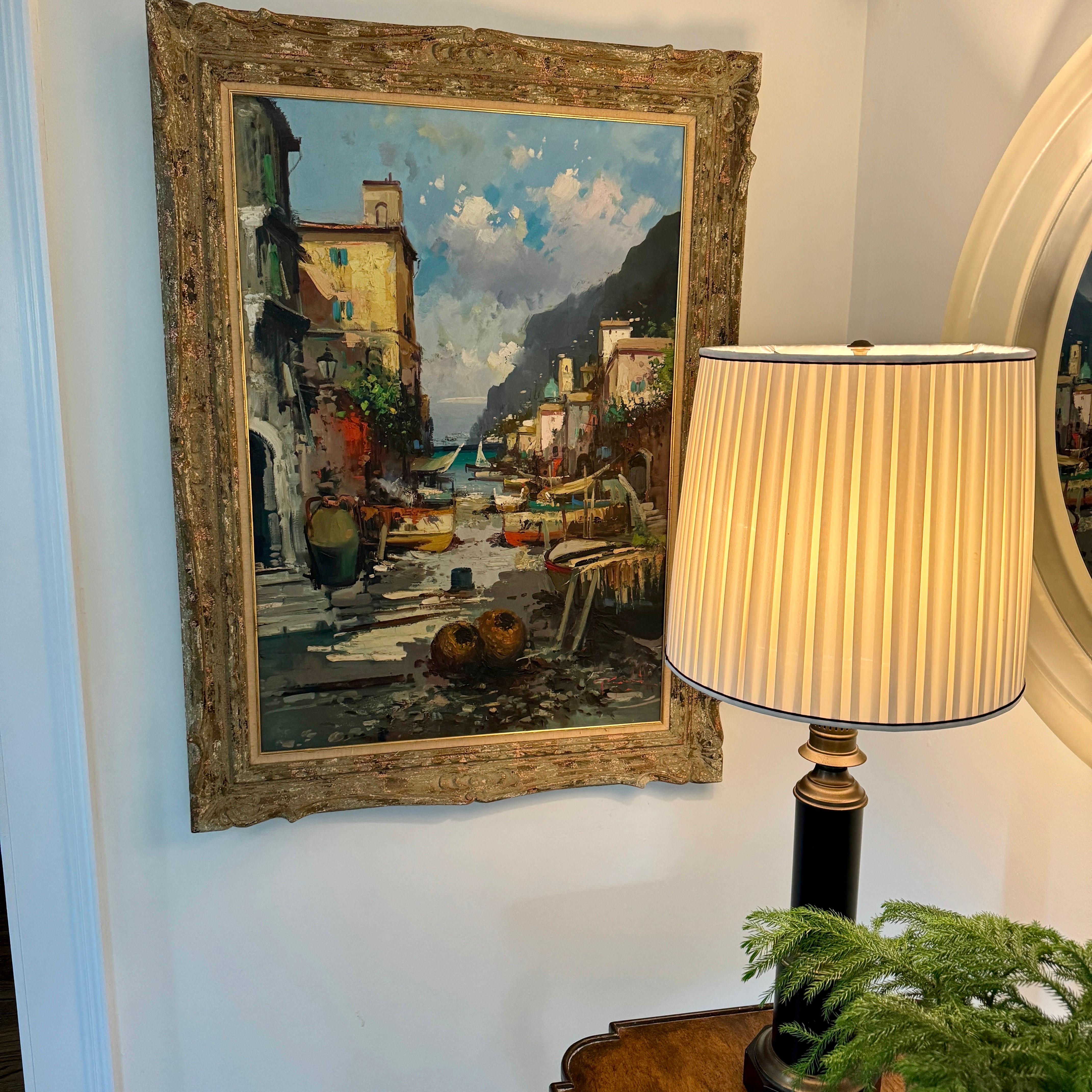 Grande peinture à l'huile impressionniste moderniste Paysage marin Village, 1950's Italie 

Grande composition méditerranéenne très reposante du milieu du 20e siècle, peinte à l'huile. Scène apparemment simple et détendue, mais composition très