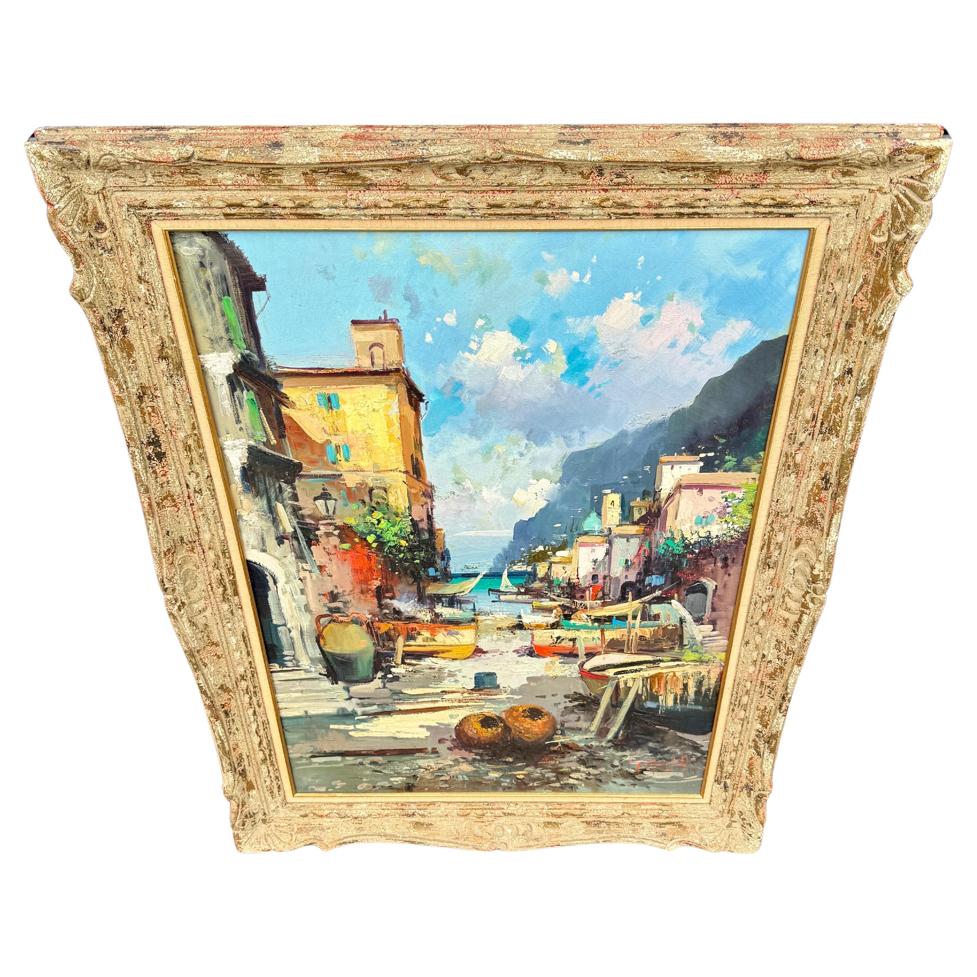 Hand-Carved Italian Modernist Impressionist Oil Painting Seascape Village  For Sale