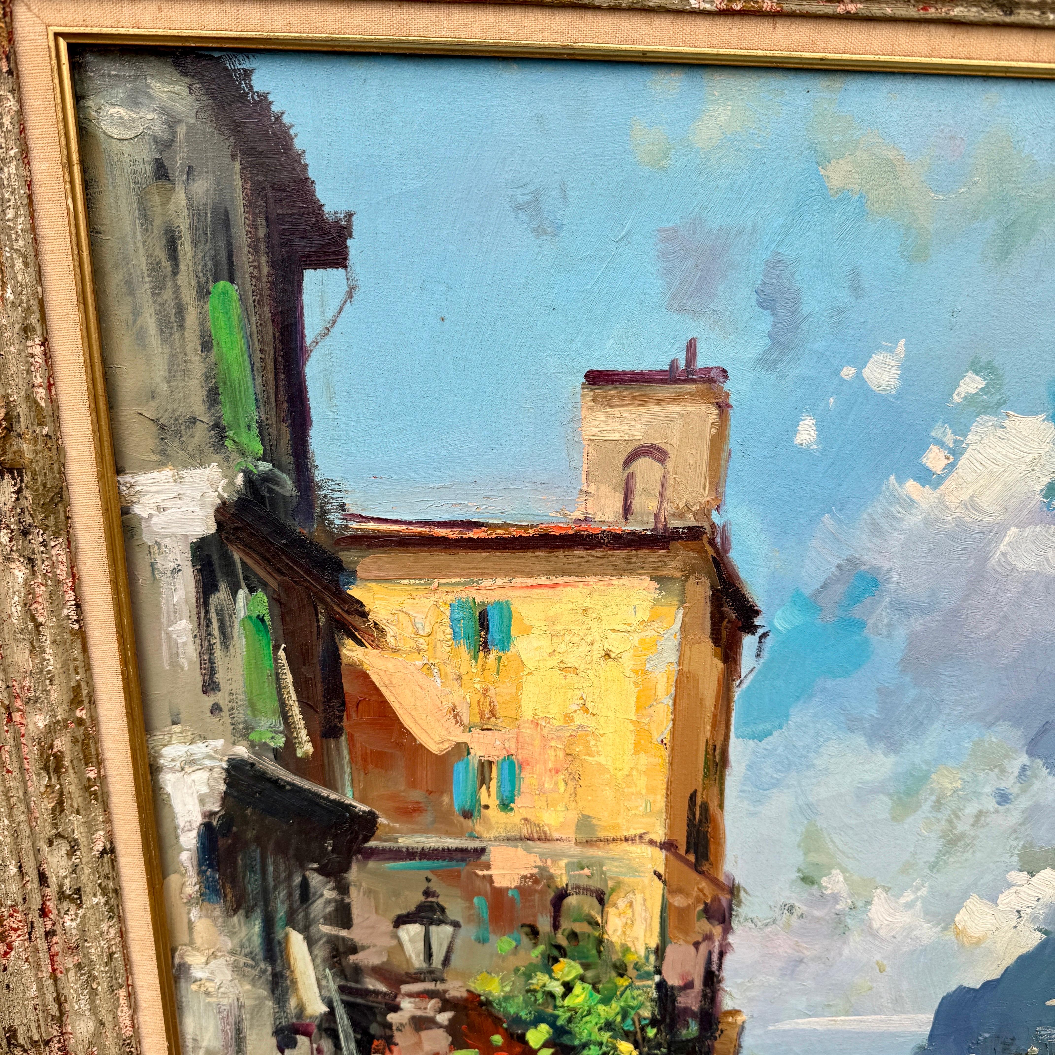 Toile Peinture à l'huile impressionniste moderniste italienne Paysage marin Village  en vente