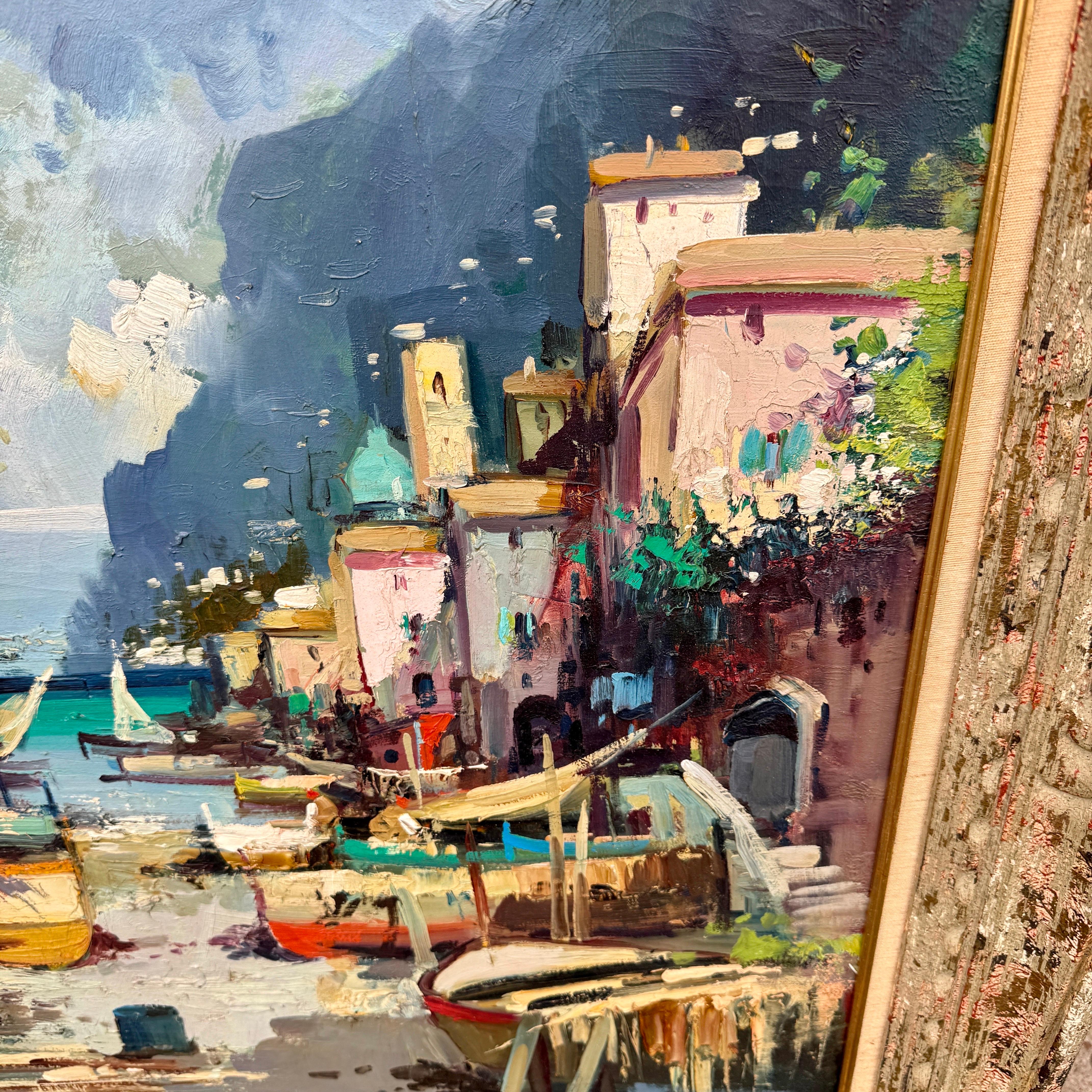 Italian Modernist Impressionist Oil Painting Seascape Village  For Sale 1