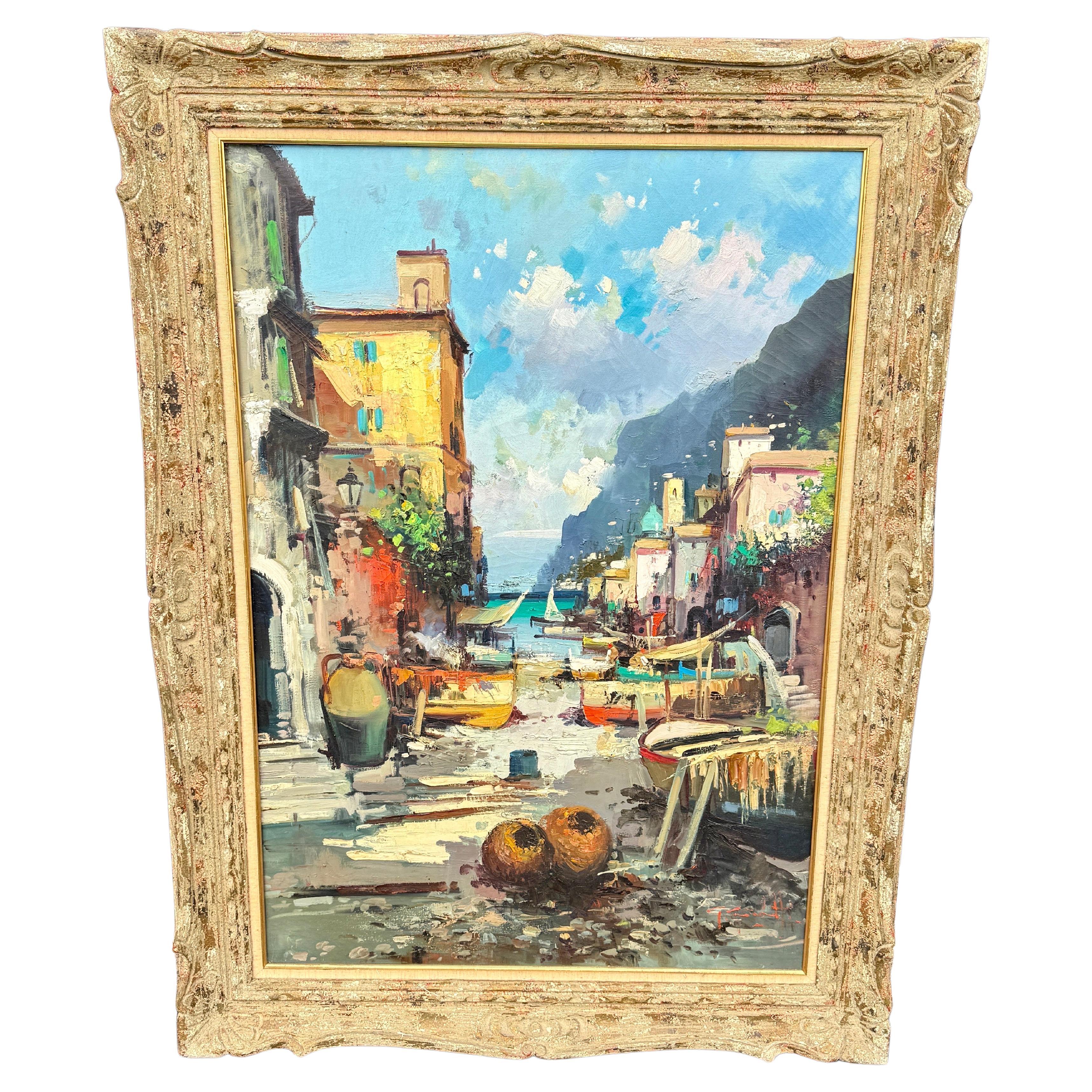 Peinture à l'huile impressionniste moderniste italienne Paysage marin Village  en vente