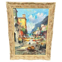 Retro Italian Modernist Impressionist Oil Painting Seascape Village 