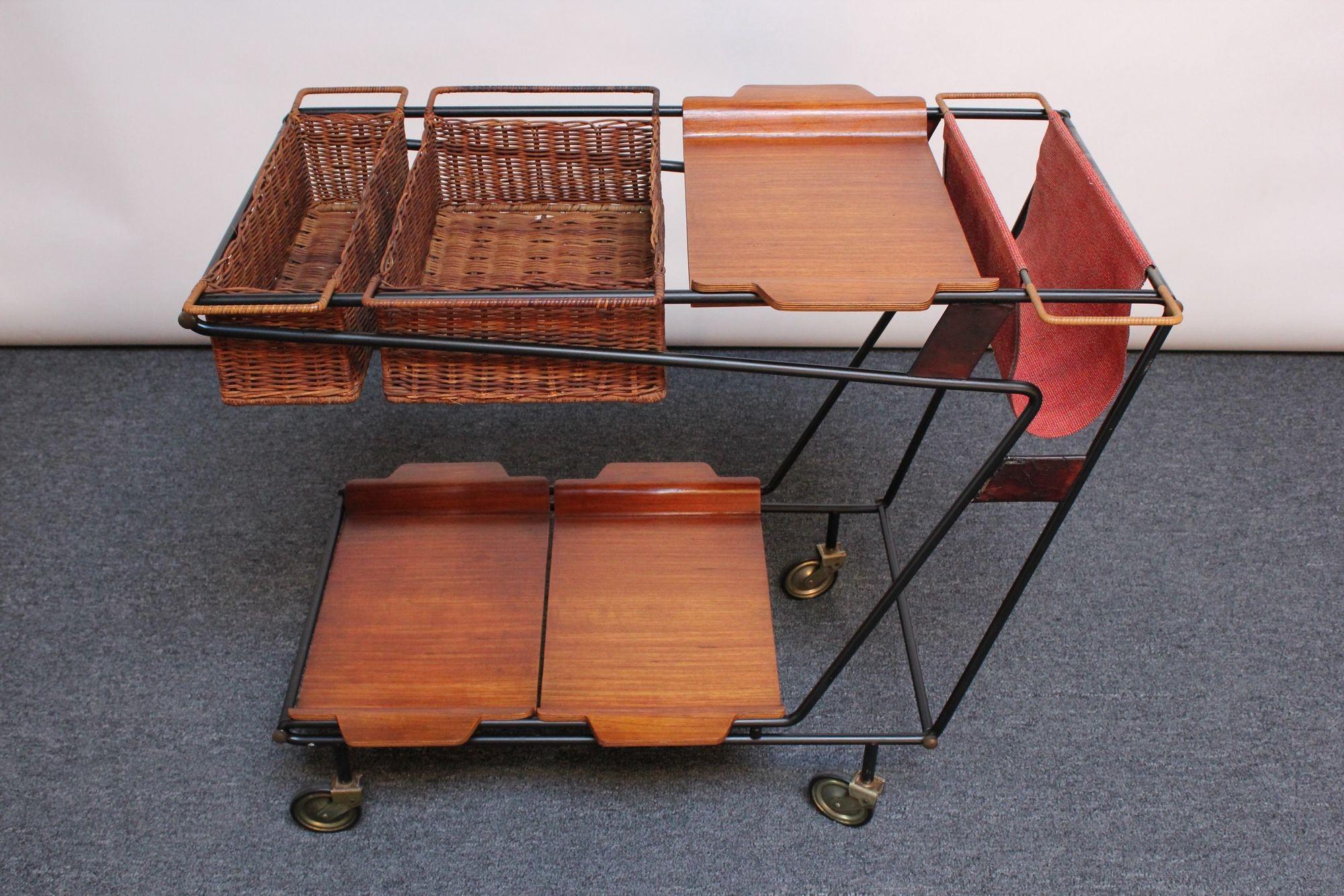 Mid-Century Modern Italian Modernist Iron Bar Cart / Trolley with Plywood and Wicker Inserts For Sale