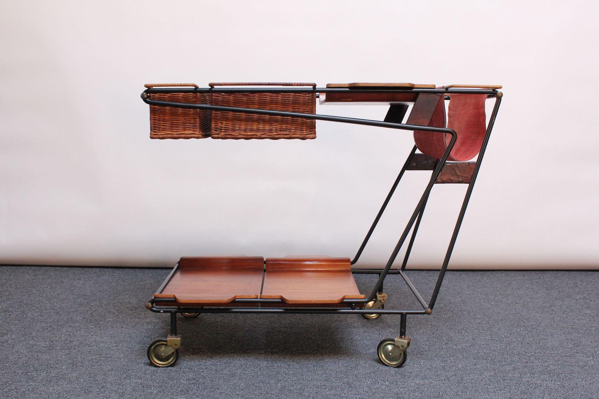 Mid-Century Modern Italian Modernist Iron Bar Cart / Trolley with Plywood and Wicker Inserts For Sale