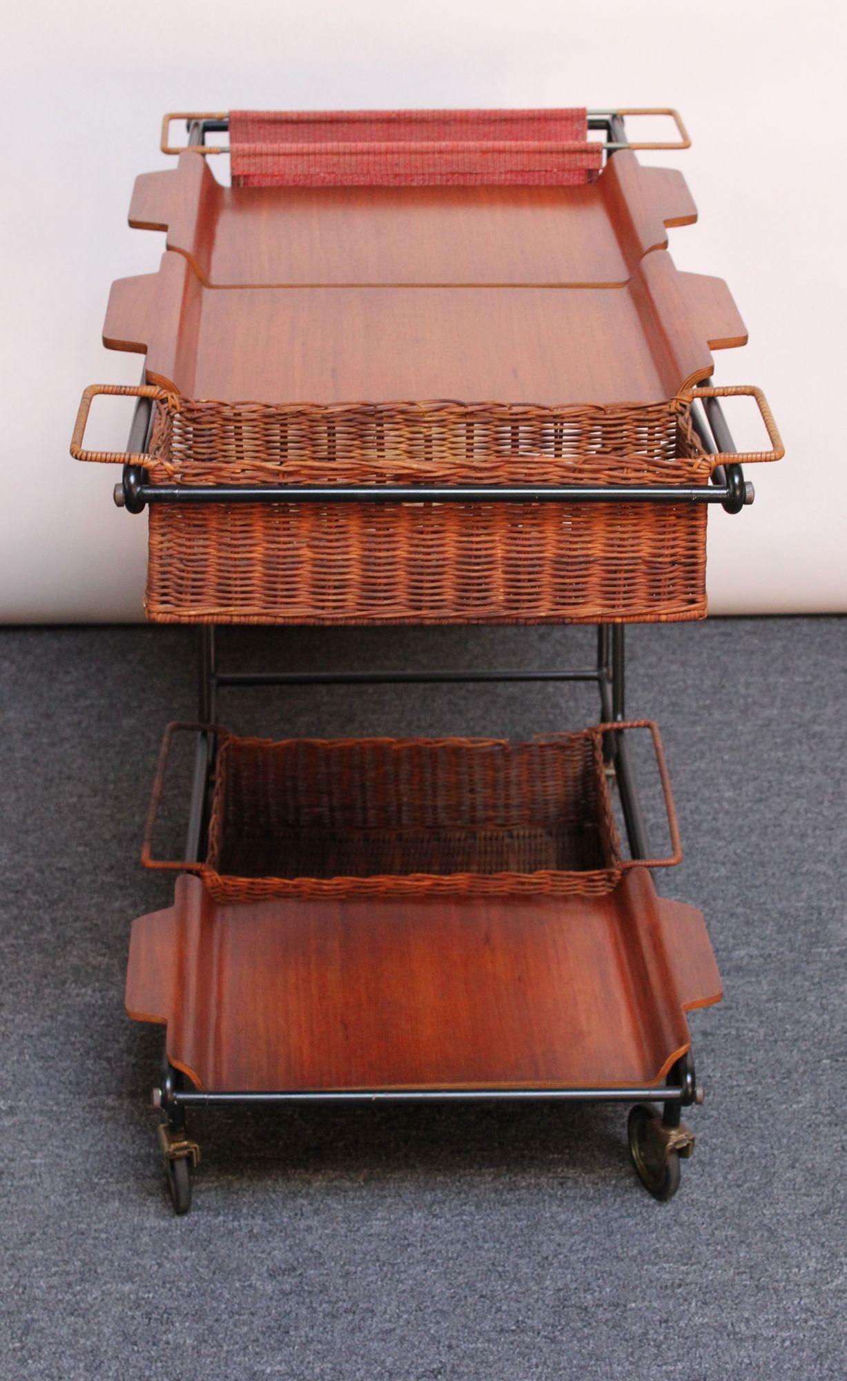 Mid-20th Century Italian Modernist Iron Bar Cart / Trolley with Plywood and Wicker Inserts For Sale