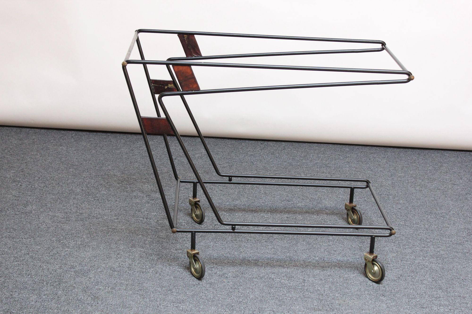 Italian Modernist Iron Bar Cart / Trolley with Plywood and Wicker Inserts For Sale 2