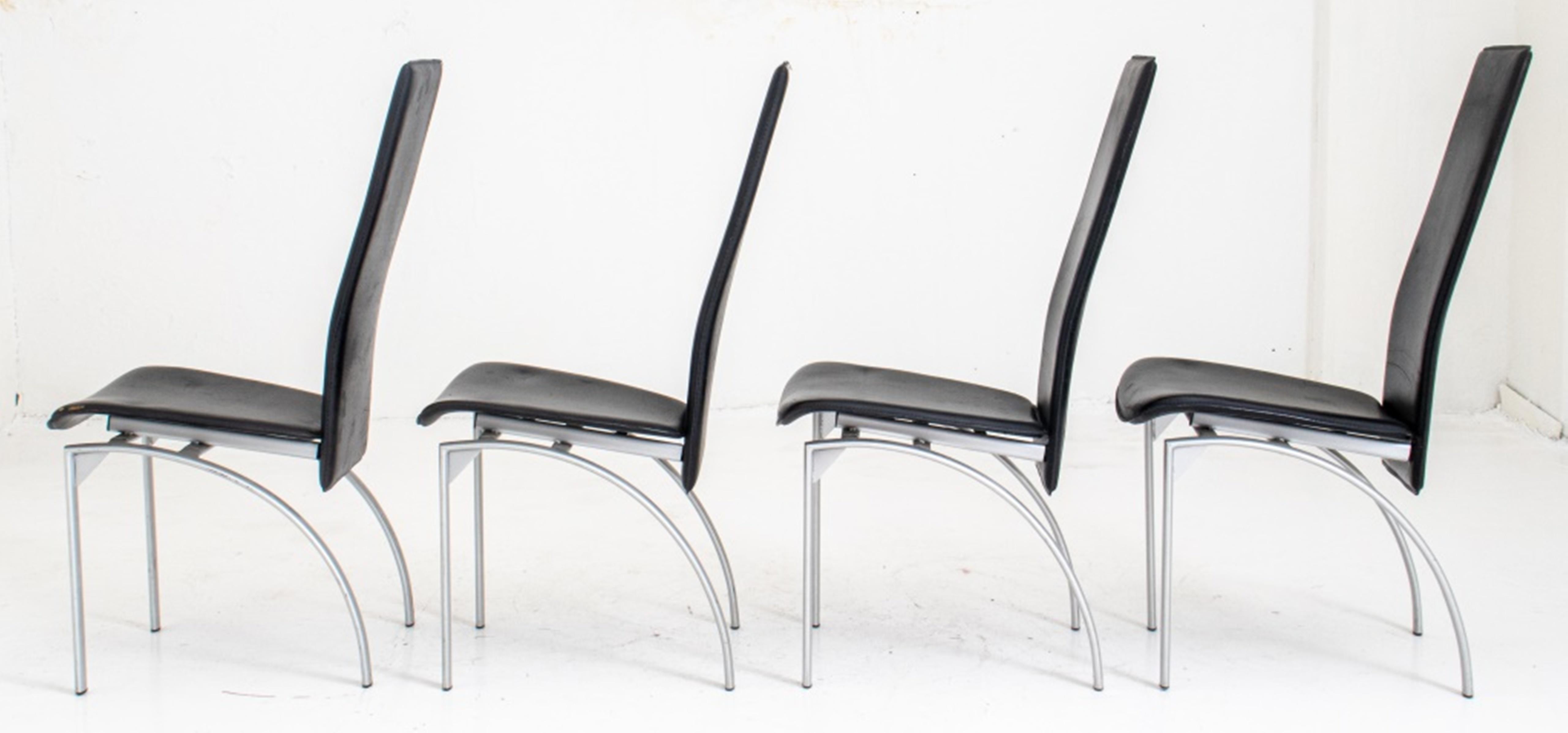 Italian Modernist style leather and metal side chairs, the set of four with high back and seat upholstered in black leather above straight front legs, flaring to cantelevered curved back legs. 
Dimensions 40