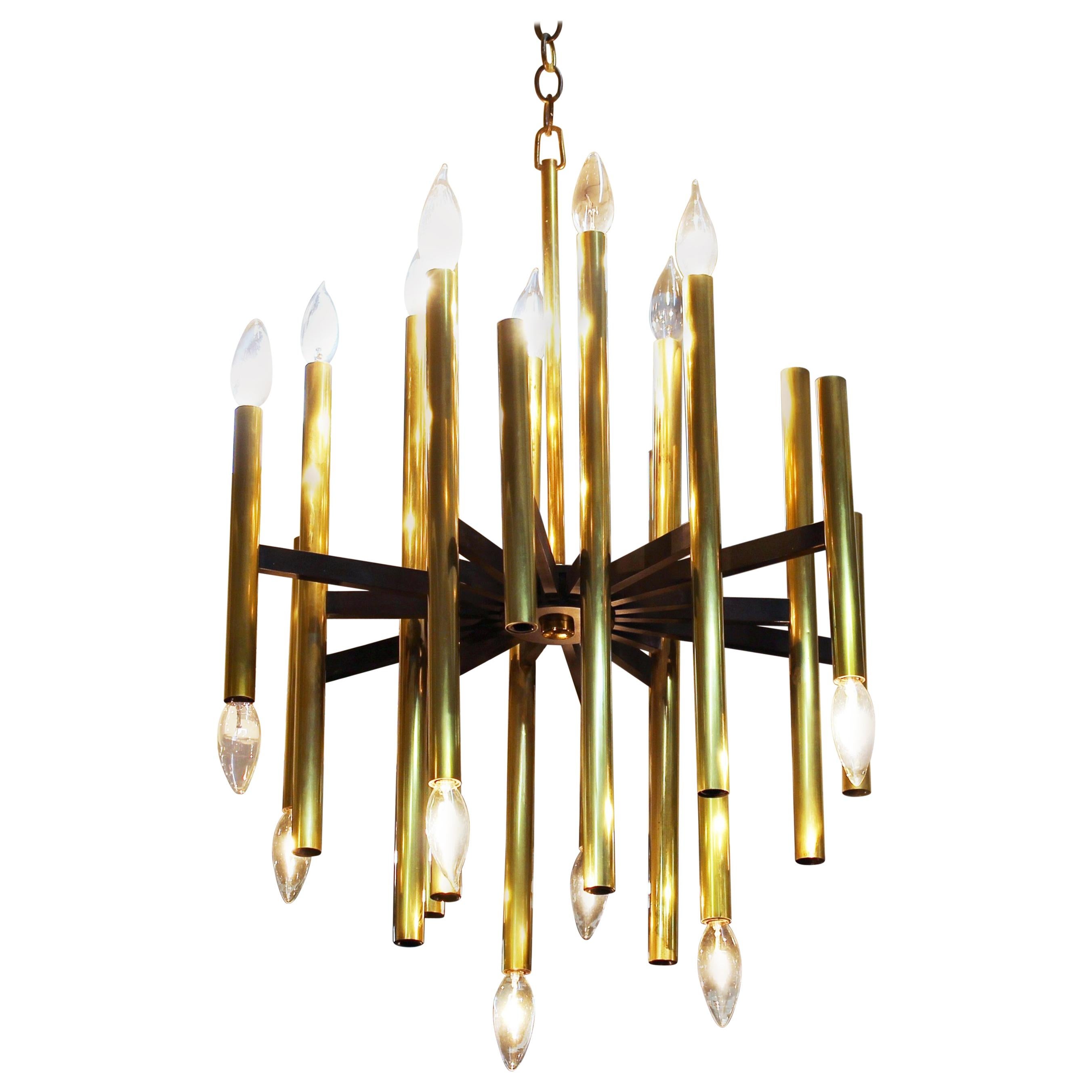 Italian Modernist Lightolier Chandelier in Brass For Sale