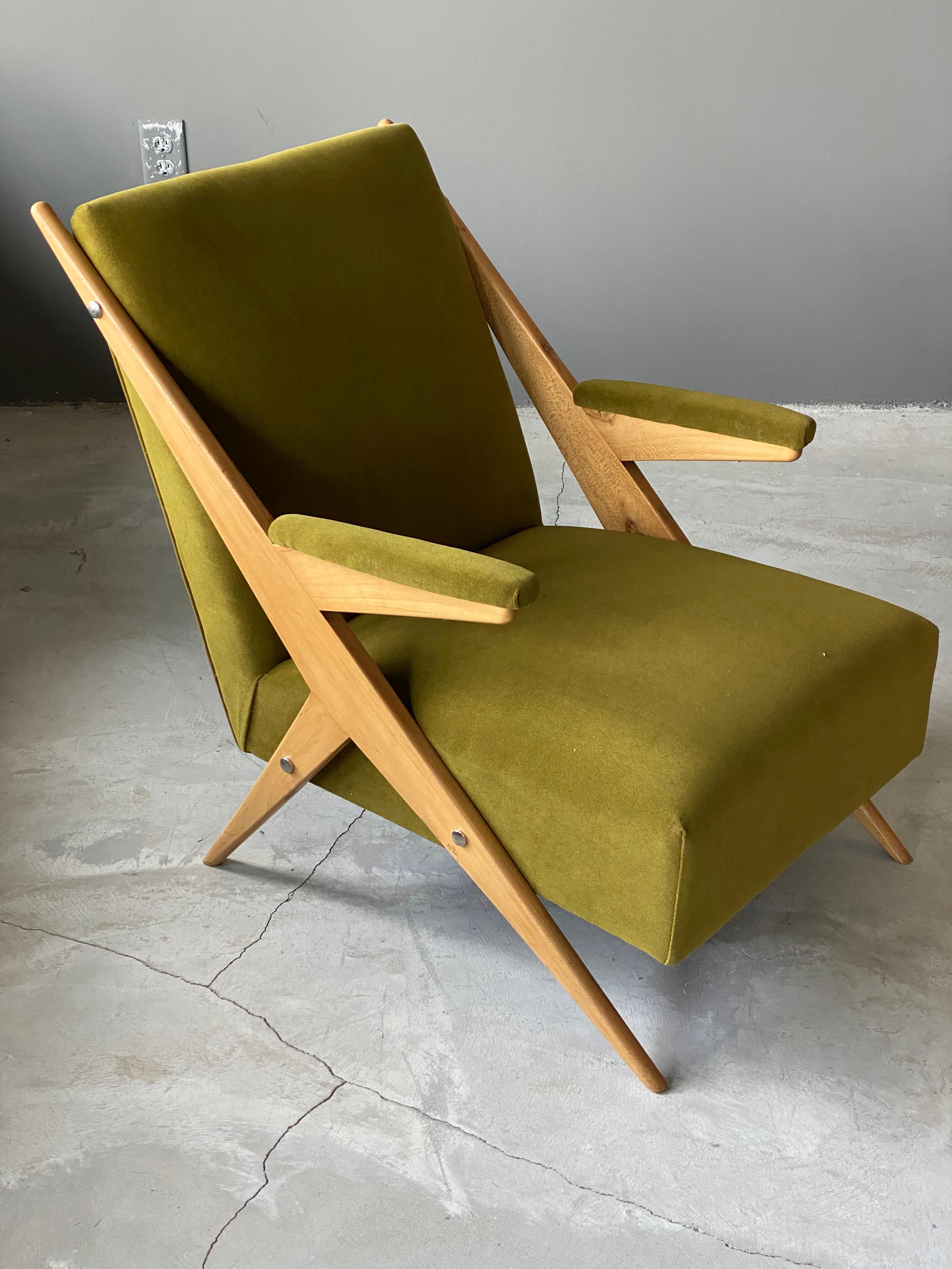 Mid-Century Modern Italian, Modernist Lounge Chairs, Light Wood, Green Velvet, Italy, 1960s