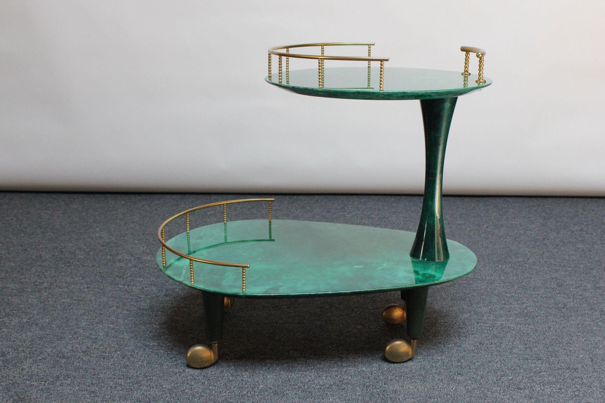 Italian Modernist Malachite Green Goatskin and Brass Bar Cart by Aldo Tura 1
