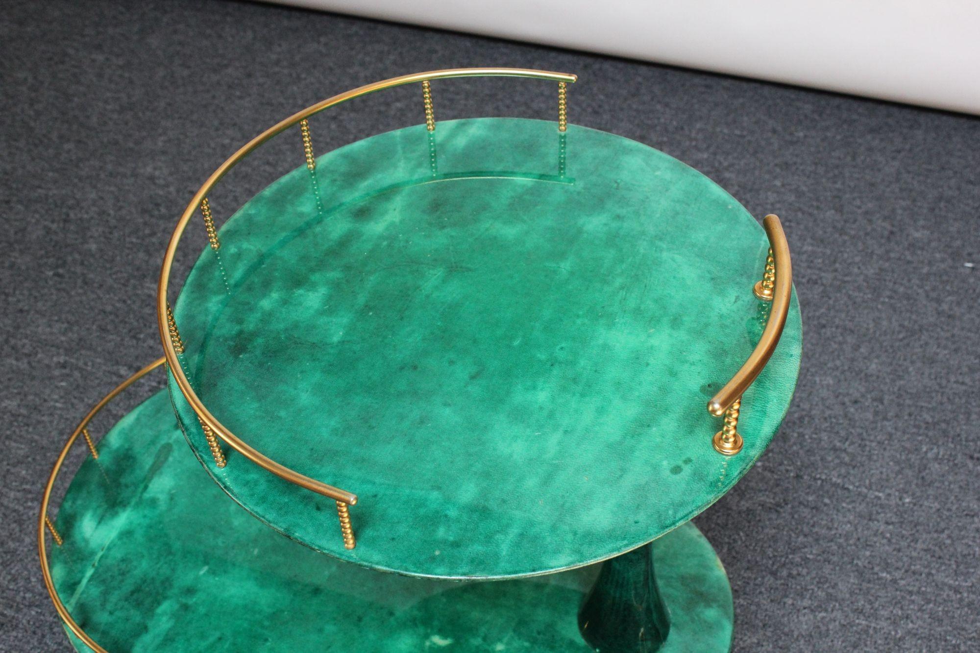 Italian Modernist Malachite Green Goatskin and Brass Bar Cart by Aldo Tura 2