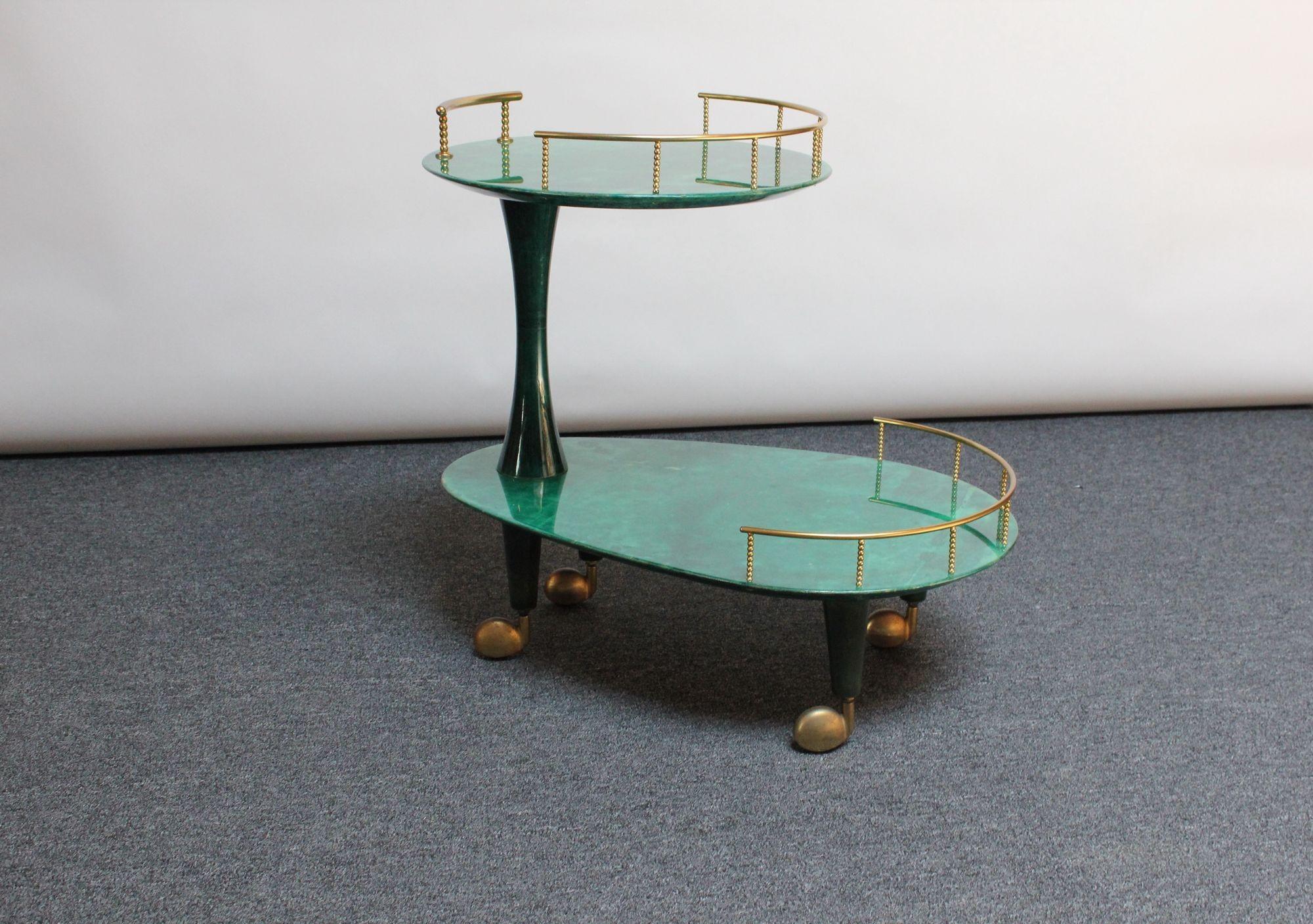 Italian Modernist Malachite Green Goatskin and Brass Bar Cart by Aldo Tura 12