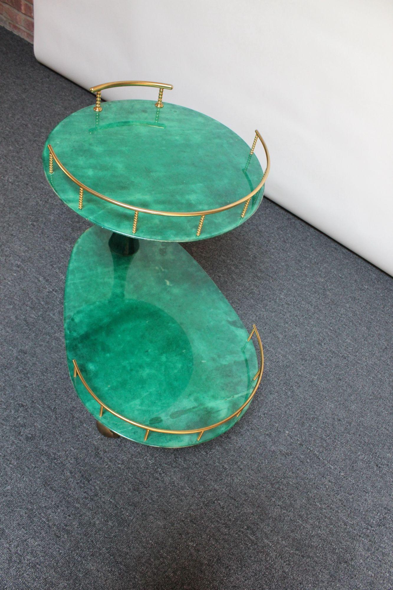 Italian Modernist Malachite Green Goatskin and Brass Bar Cart by Aldo Tura 10