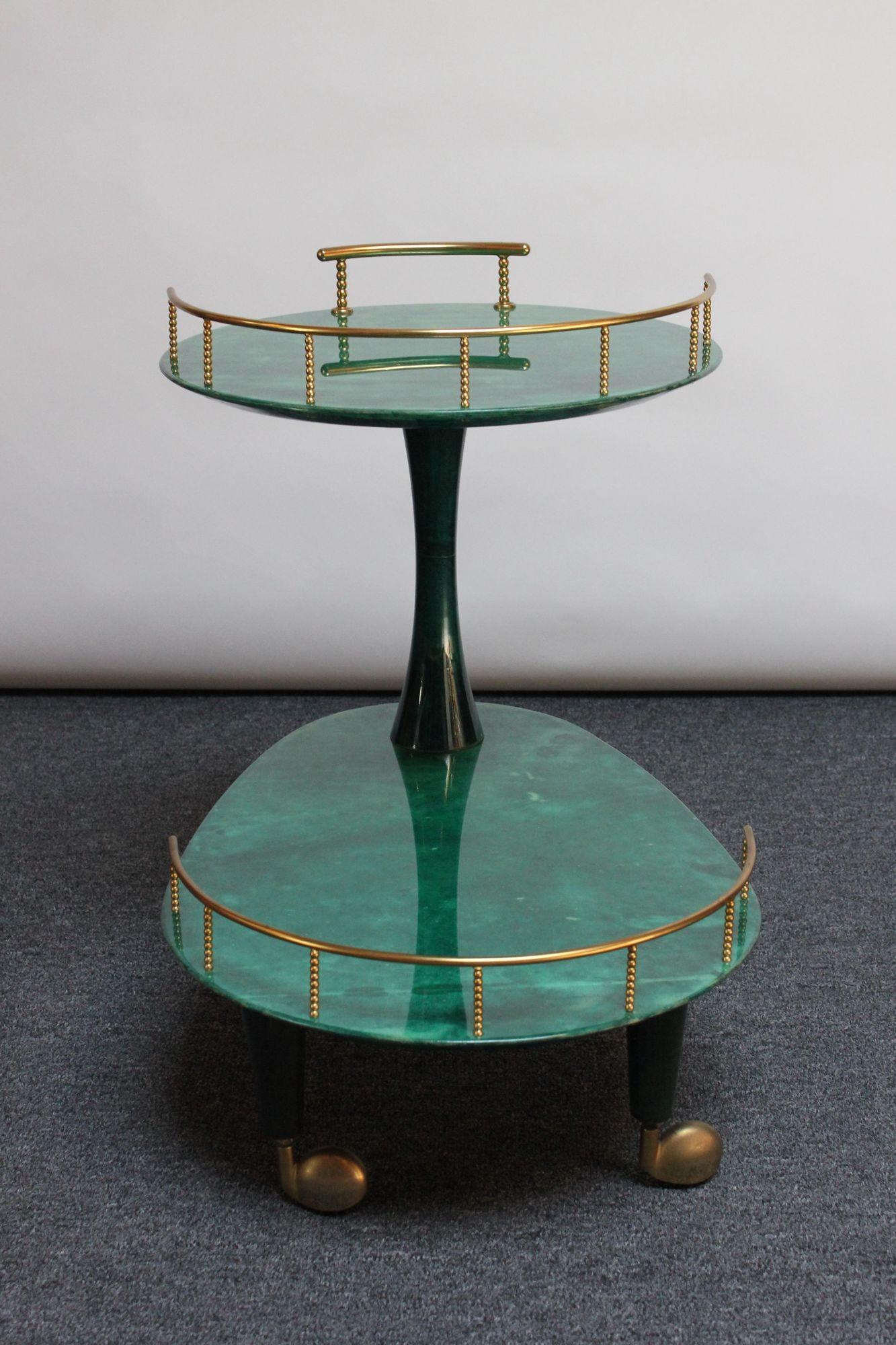 Italian Modernist Malachite Green Goatskin and Brass Bar Cart by Aldo Tura 11