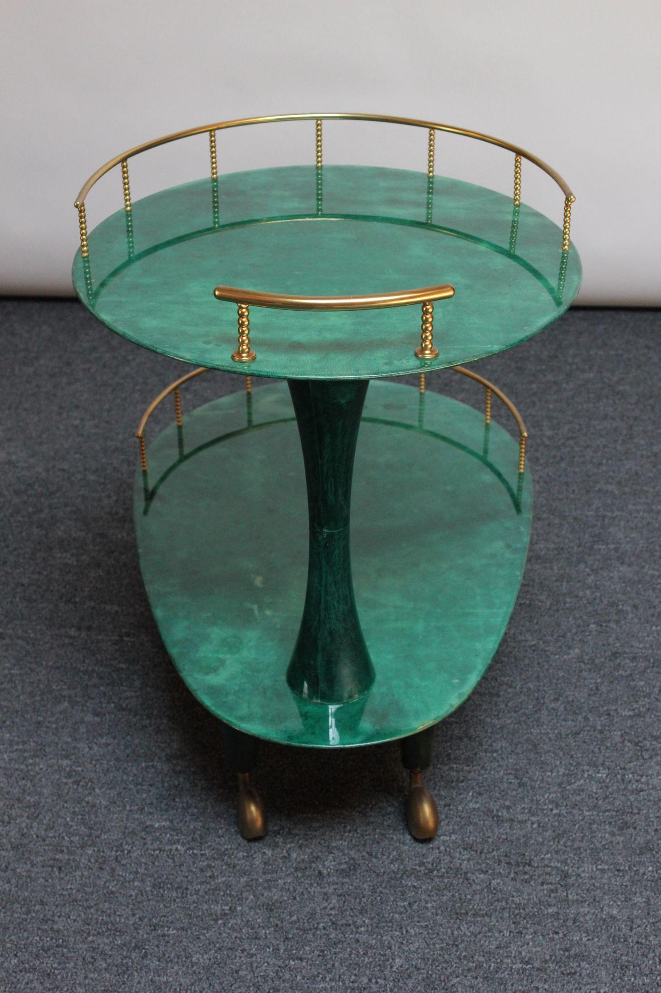 Italian Modernist Malachite Green Goatskin and Brass Bar Cart by Aldo Tura 13