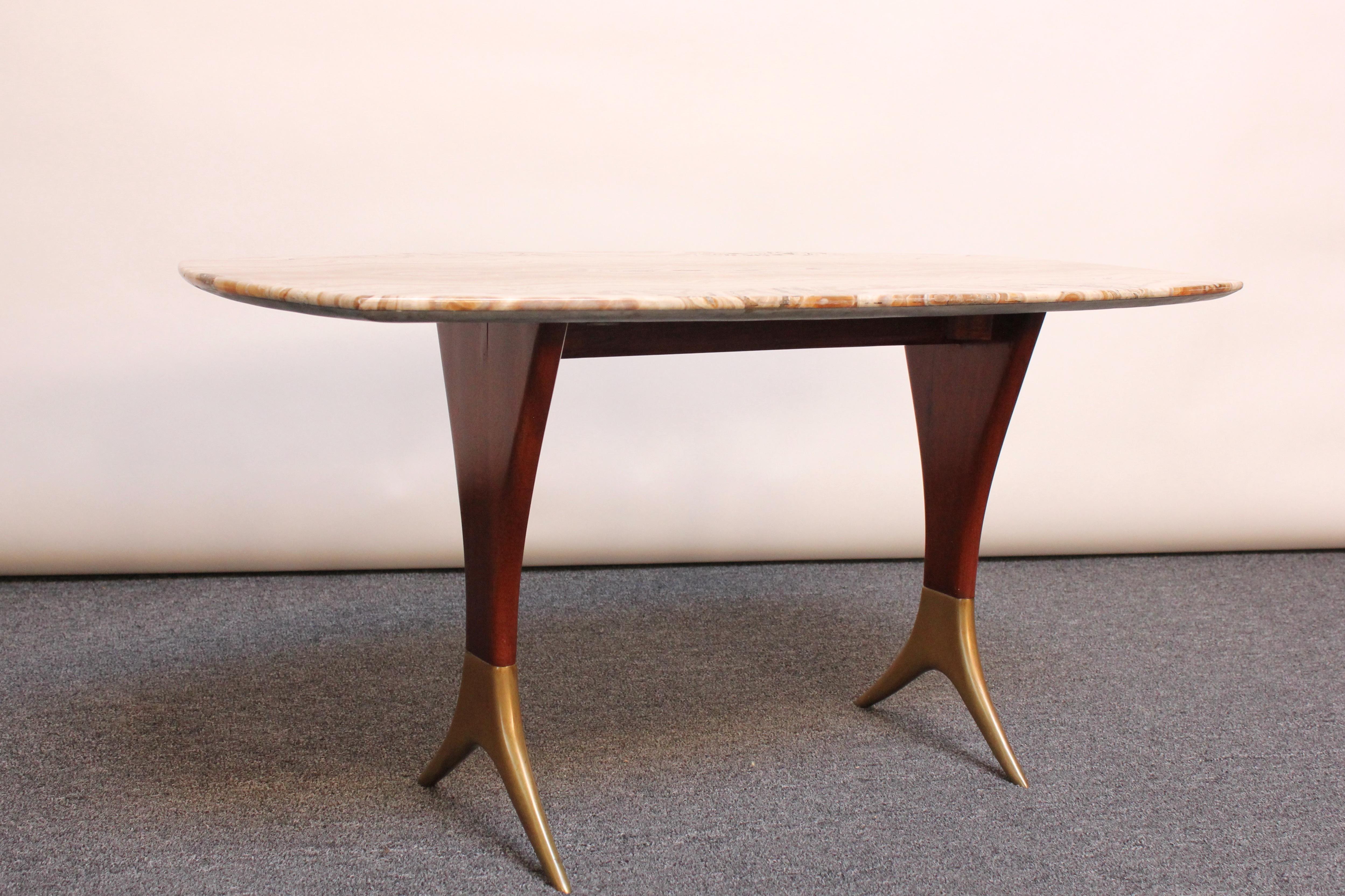 Brass Italian Modernist Marble and Walnut Coffee Table by Guglielmo Ulrich