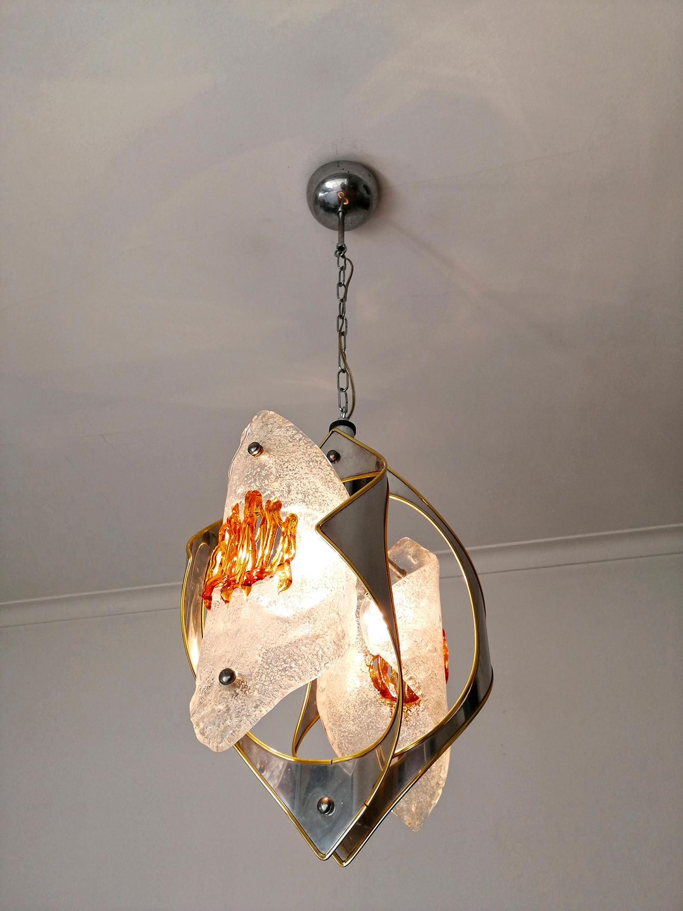 Mid-century Amber Murano Chrome Chandelier Mazzega by Toni Zuccheri, Italy 1970s For Sale 3