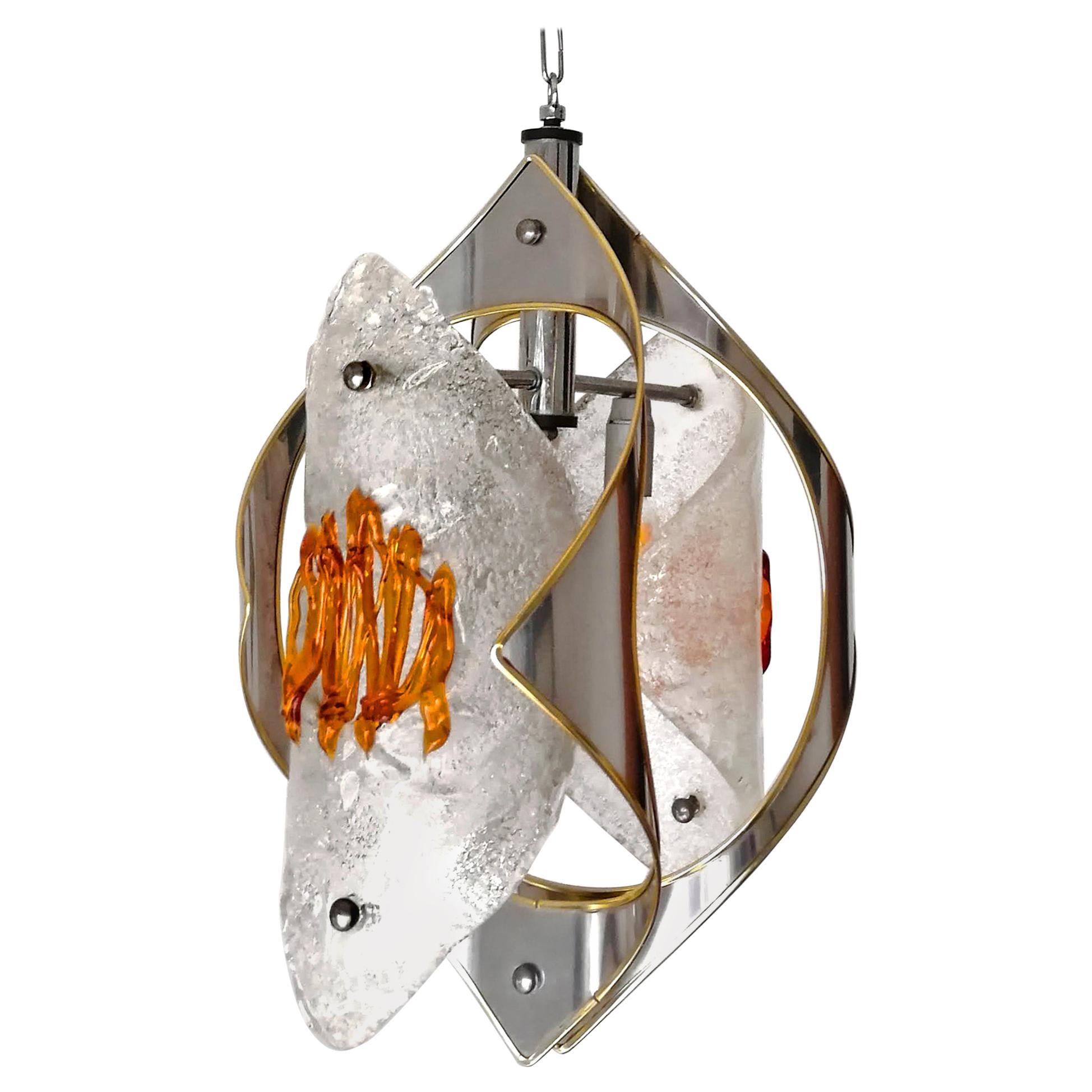 Toni Zuccheri per Mazzega. Lampadario di Murano di metà secolo in ambra e cromo c1970 in vendita
