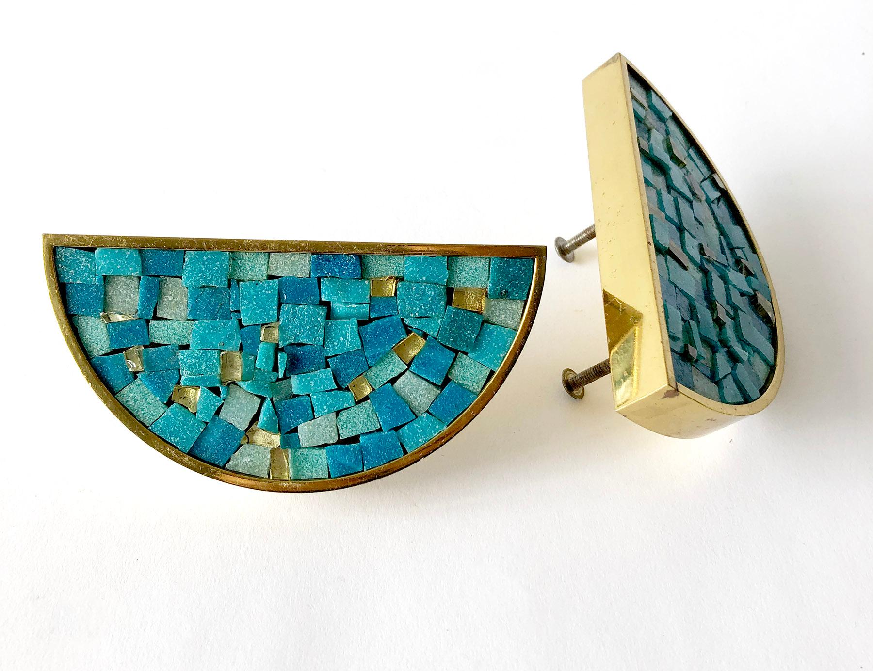 Mid-Century Modern Italian Modernist Turquoise Mosaic Tile Door Drawer Pull Handles