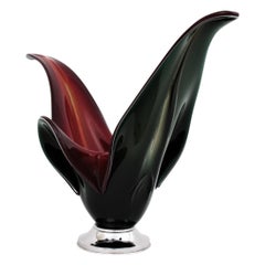 Italian Modernist Murano Black and Red Glass Centerpiece Vase 