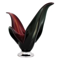 Vintage Italian Modernist Murano Black Red Glass Centerpiece Vase 