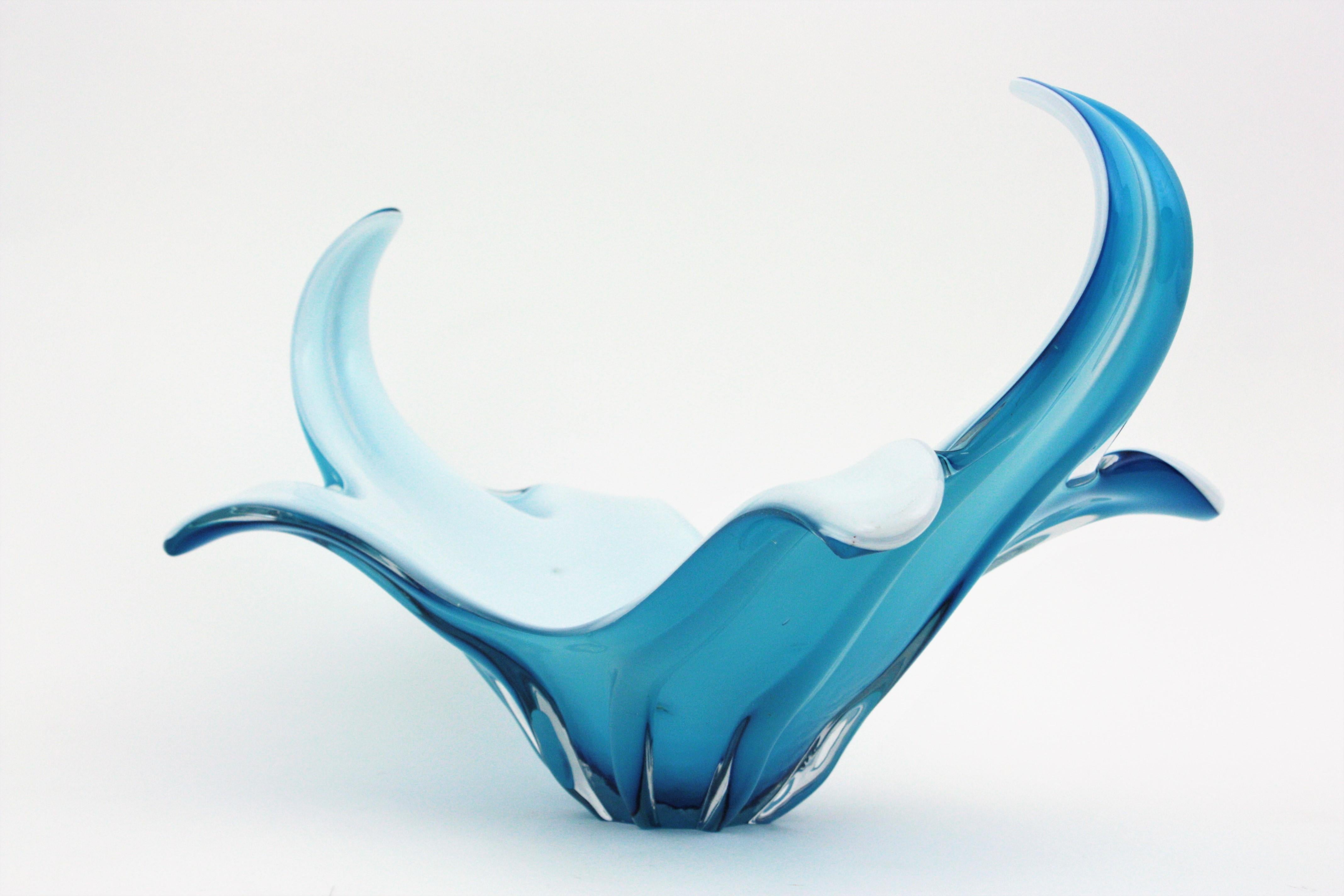 Art Glass Italian Modernist Murano Blue and White Glass Centerpiece Vase