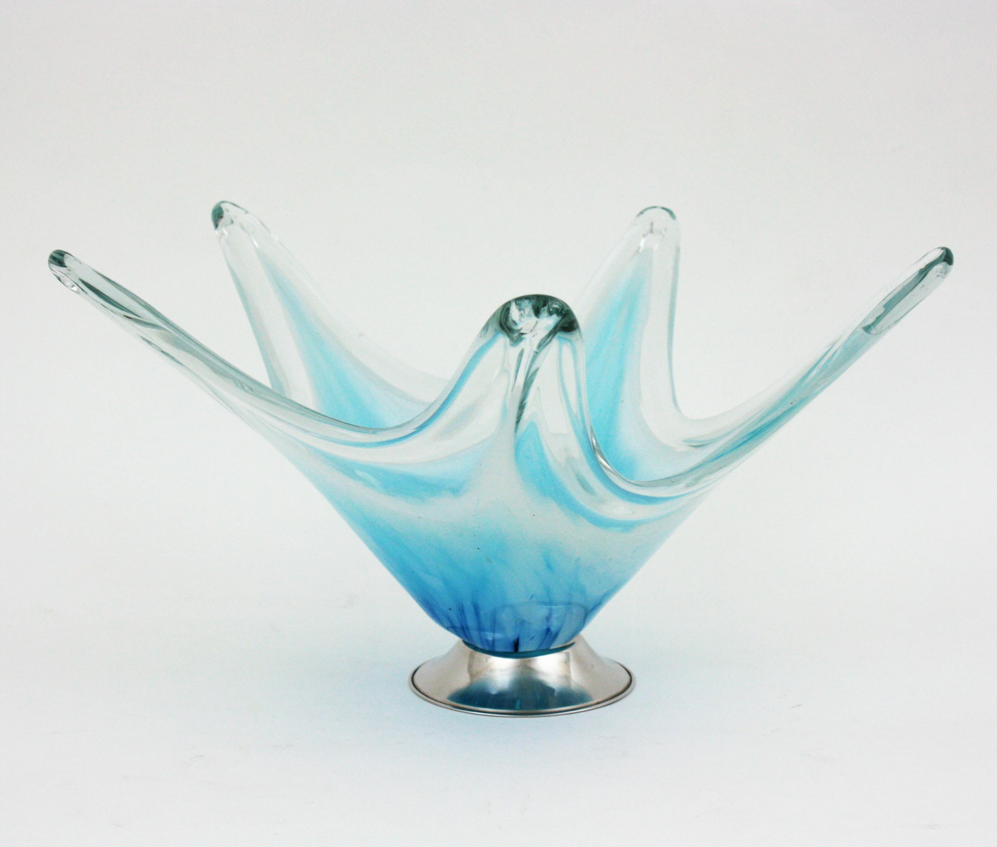 20th Century Italian Modernist Murano Blue White Art Glass Centerpiece Vase For Sale