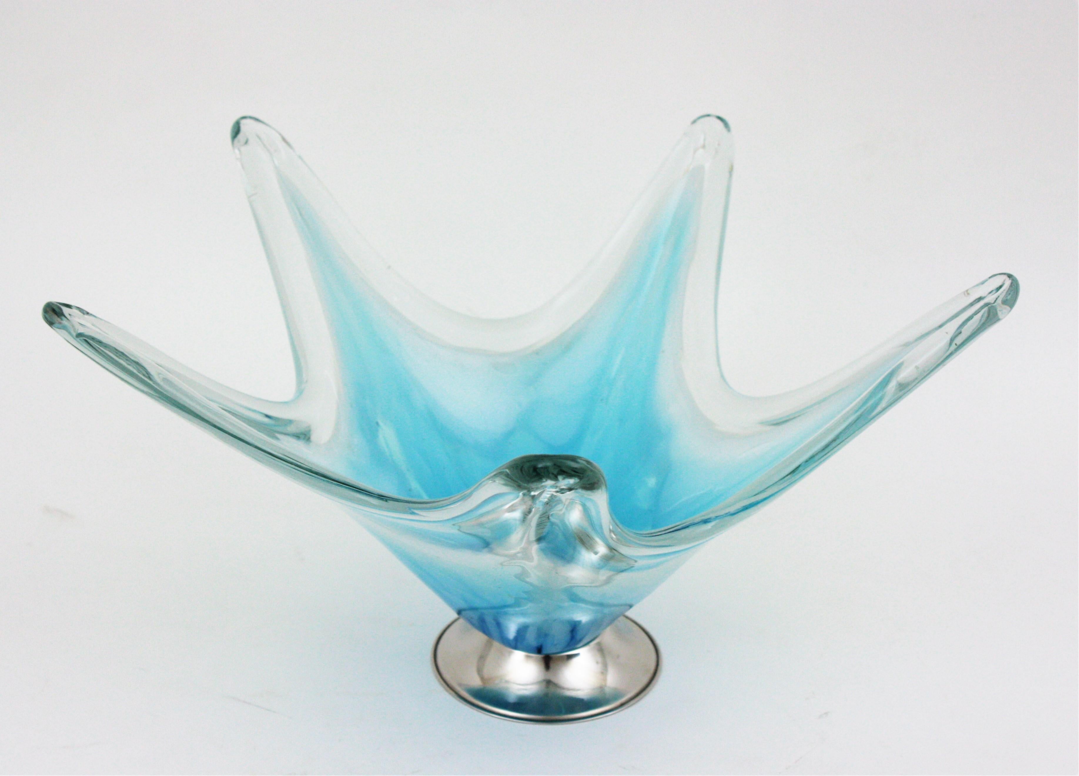 Metal Italian Modernist Murano Blue White Art Glass Centerpiece Vase For Sale