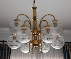 Italian Modernist Murano Etched Glass Gilt Brass Sputnik Orbit 9Light Chandelier