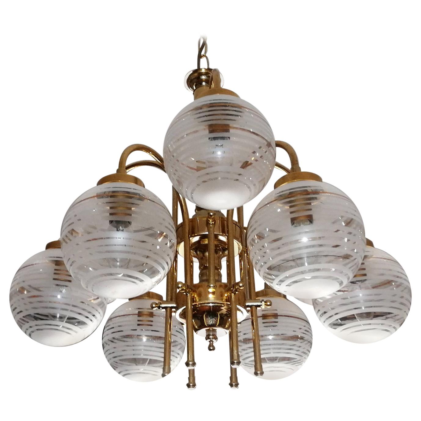 Lustre à 9 lumières Sputnik Orbit en verre gravé de Murano et laiton doré, de style moderniste italien en vente