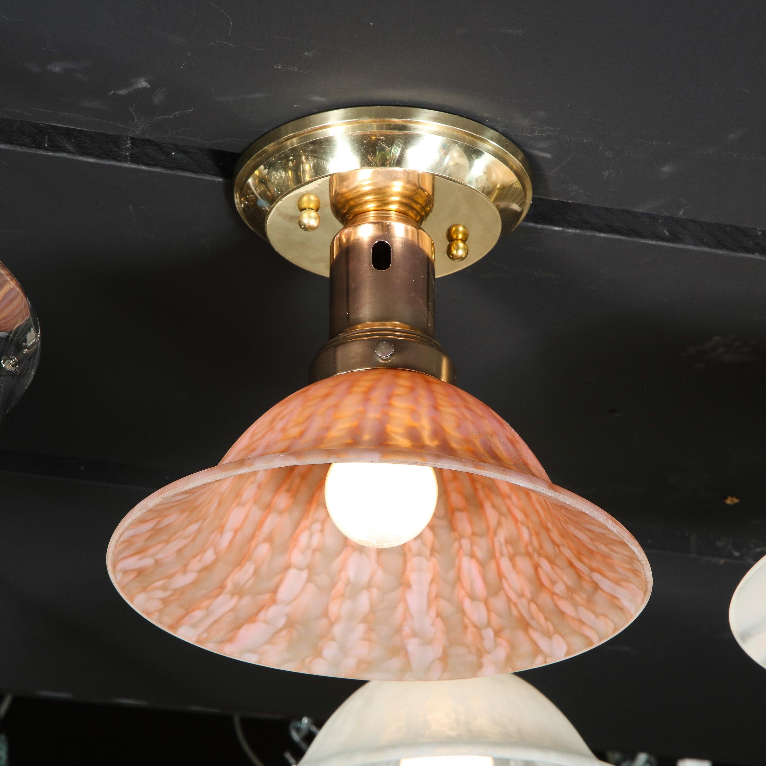 Brass Italian Modernist Murano Glass Flush Mount in Mottled Sherbert Glass