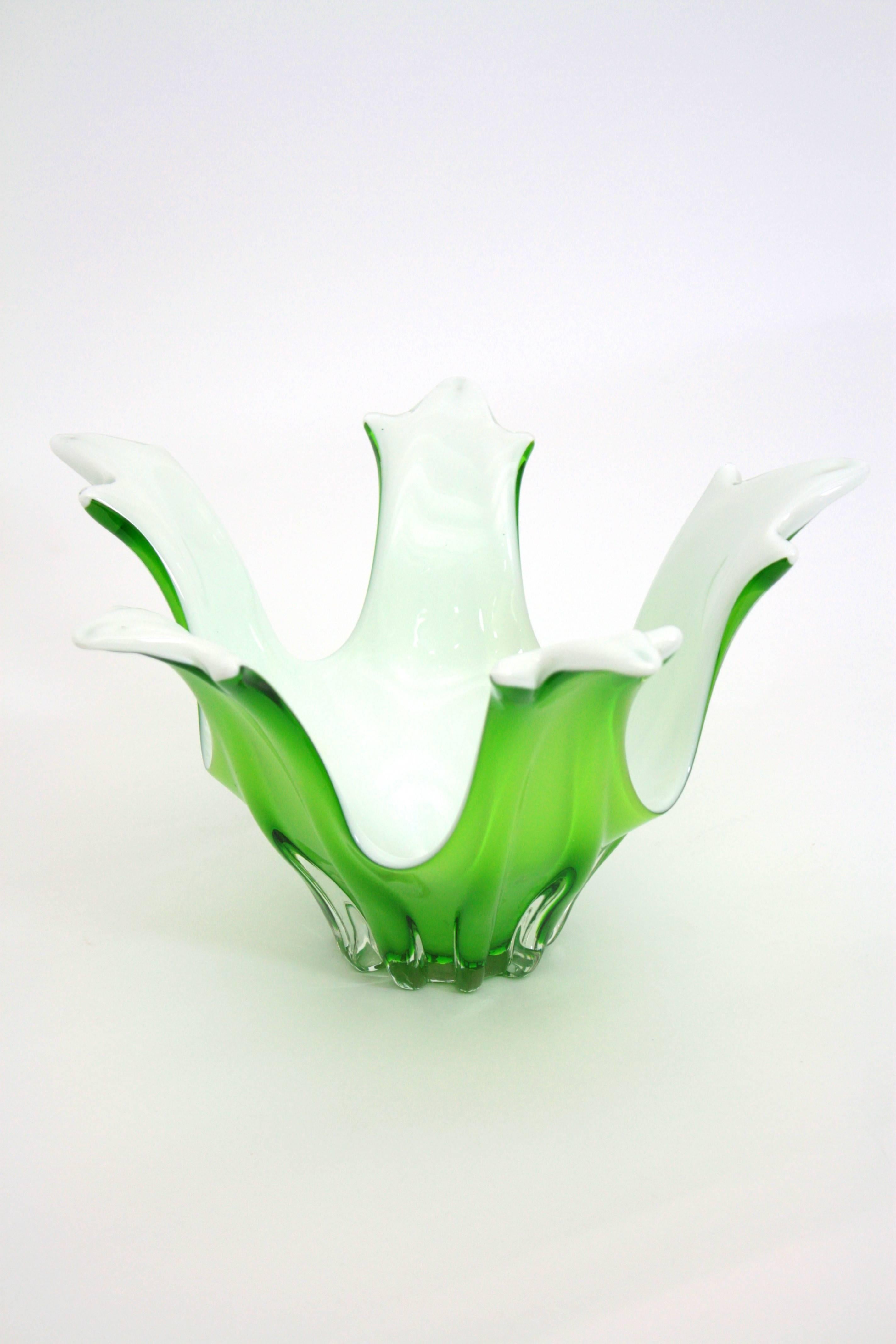 Mid-Century Modern Italian Modernist Murano Green and White Glass Centerpiece Vase / Fruit Bowl