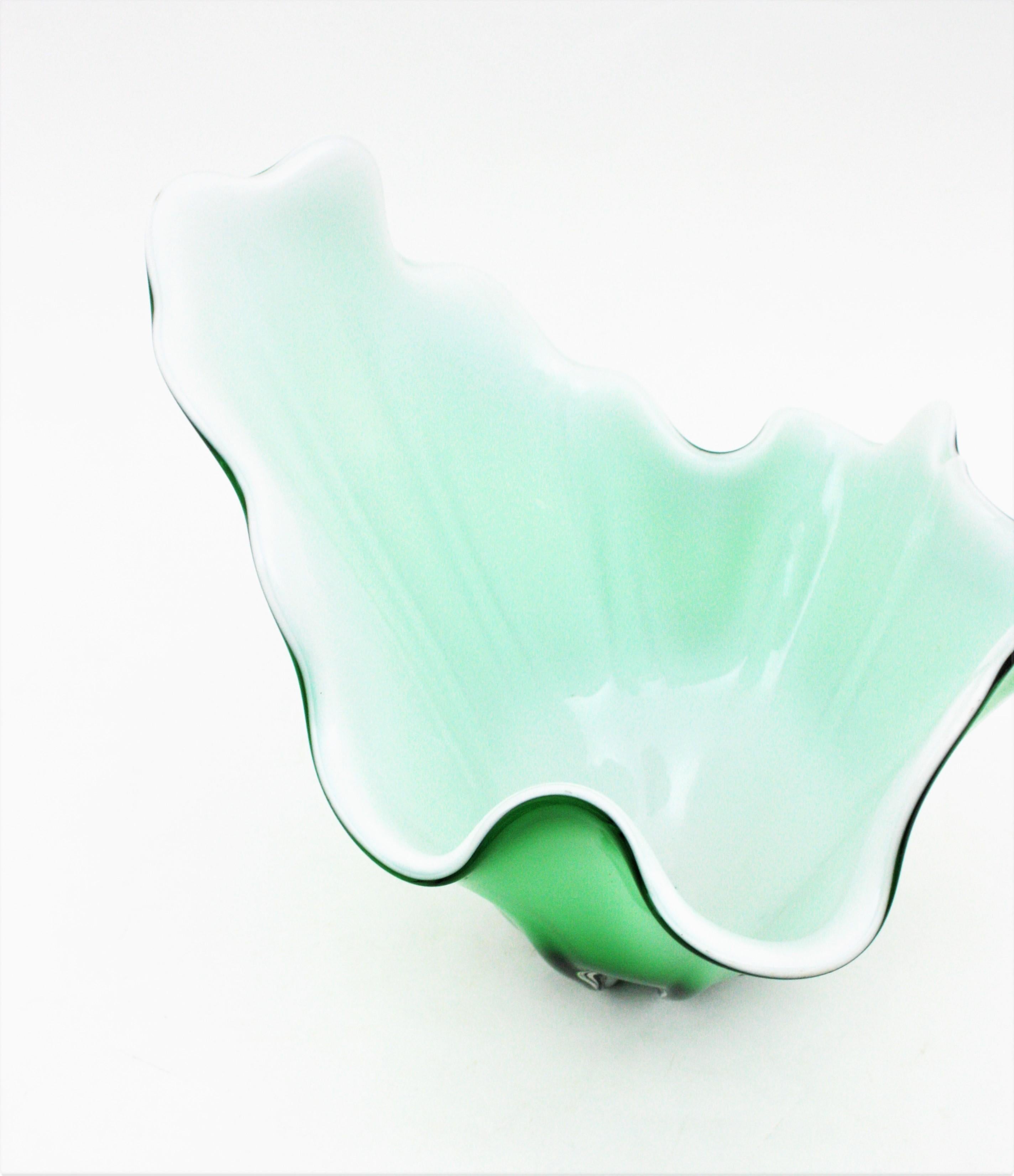Italian Modernist Murano Green White Glass Fazzoletto Centerpiece Vase  For Sale 9