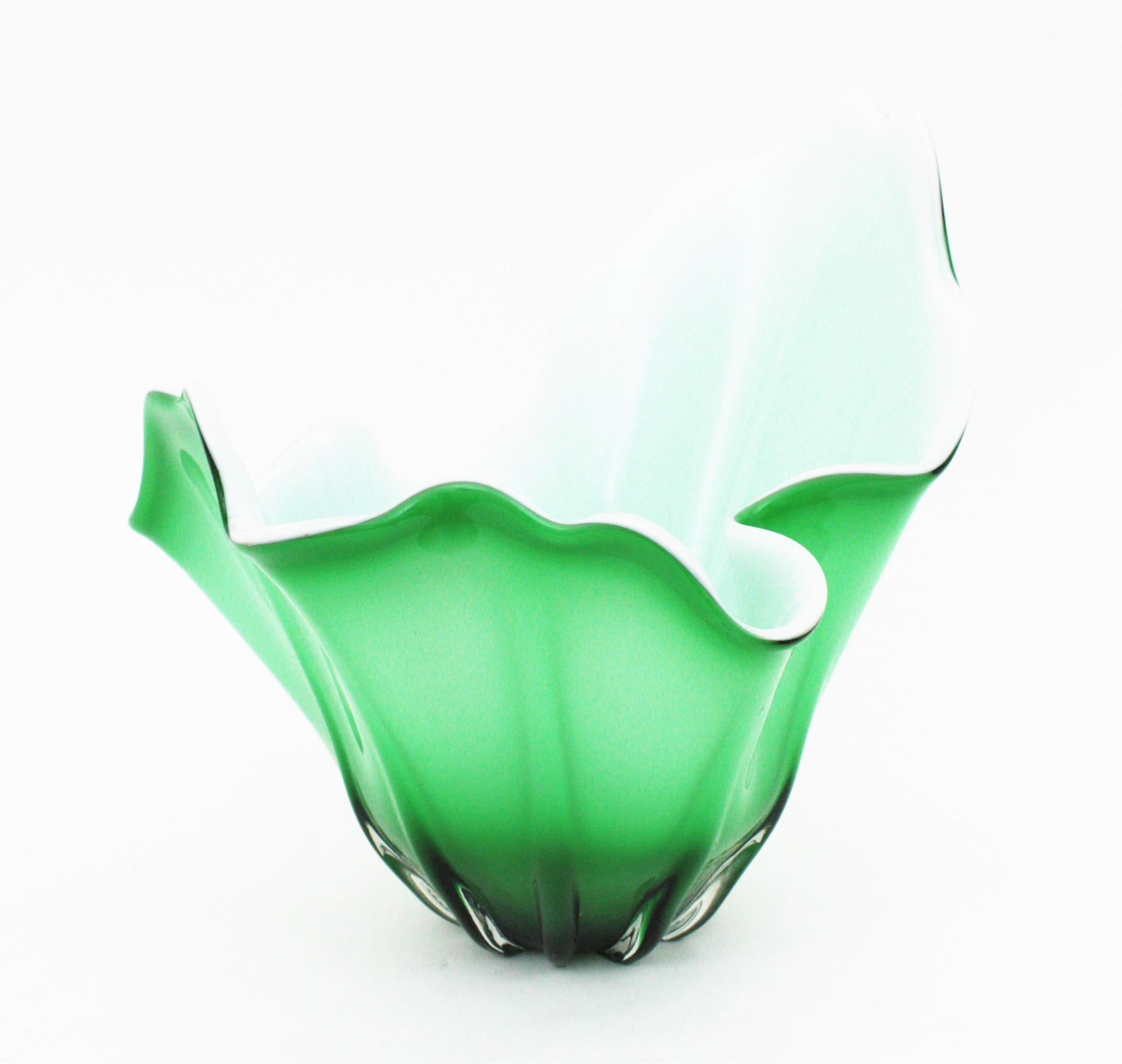 Mid-Century Modern Italian Modernist Murano Green White Glass Fazzoletto Centerpiece Vase  For Sale