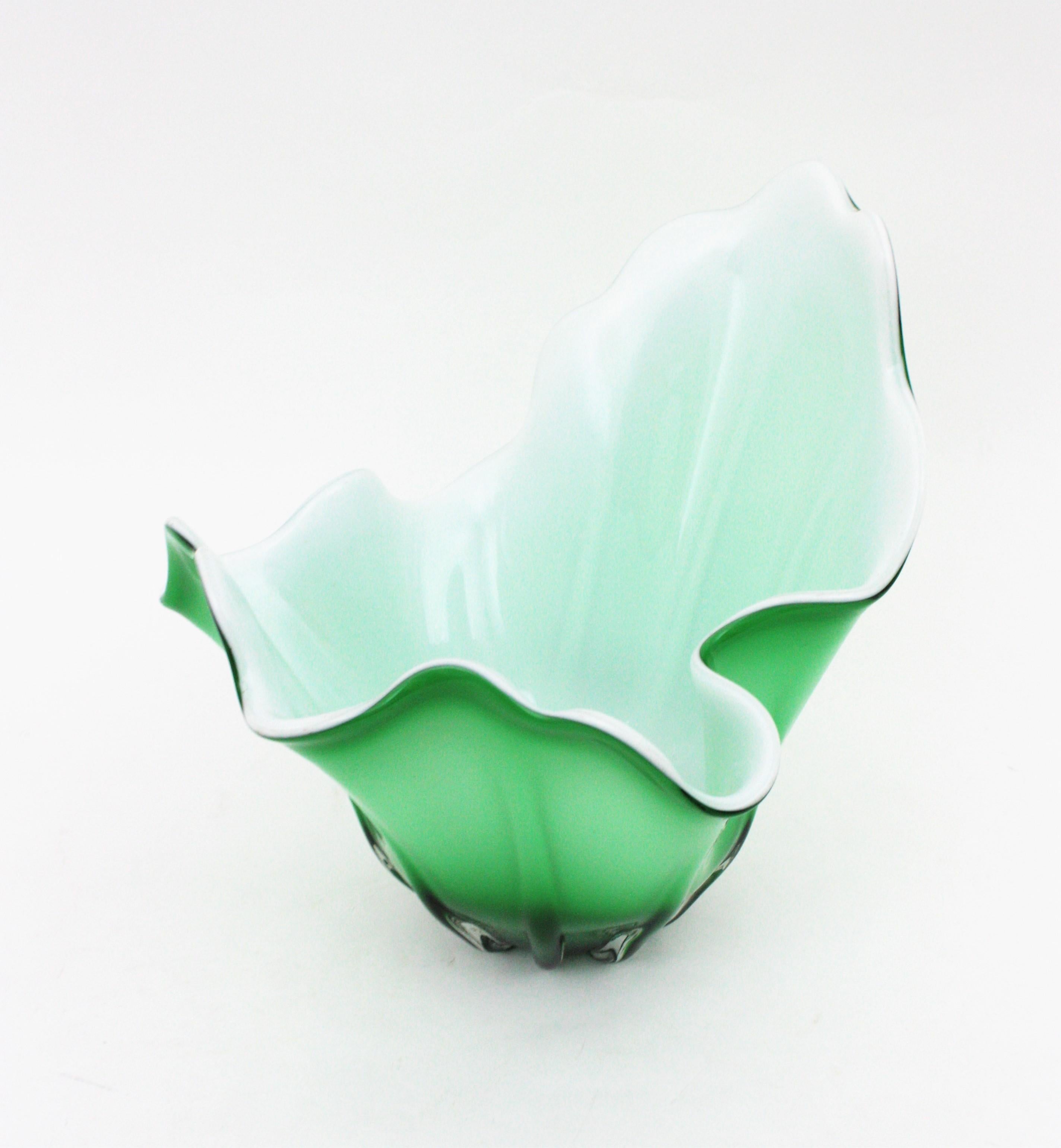 20th Century Italian Modernist Murano Green White Glass Fazzoletto Centerpiece Vase  For Sale