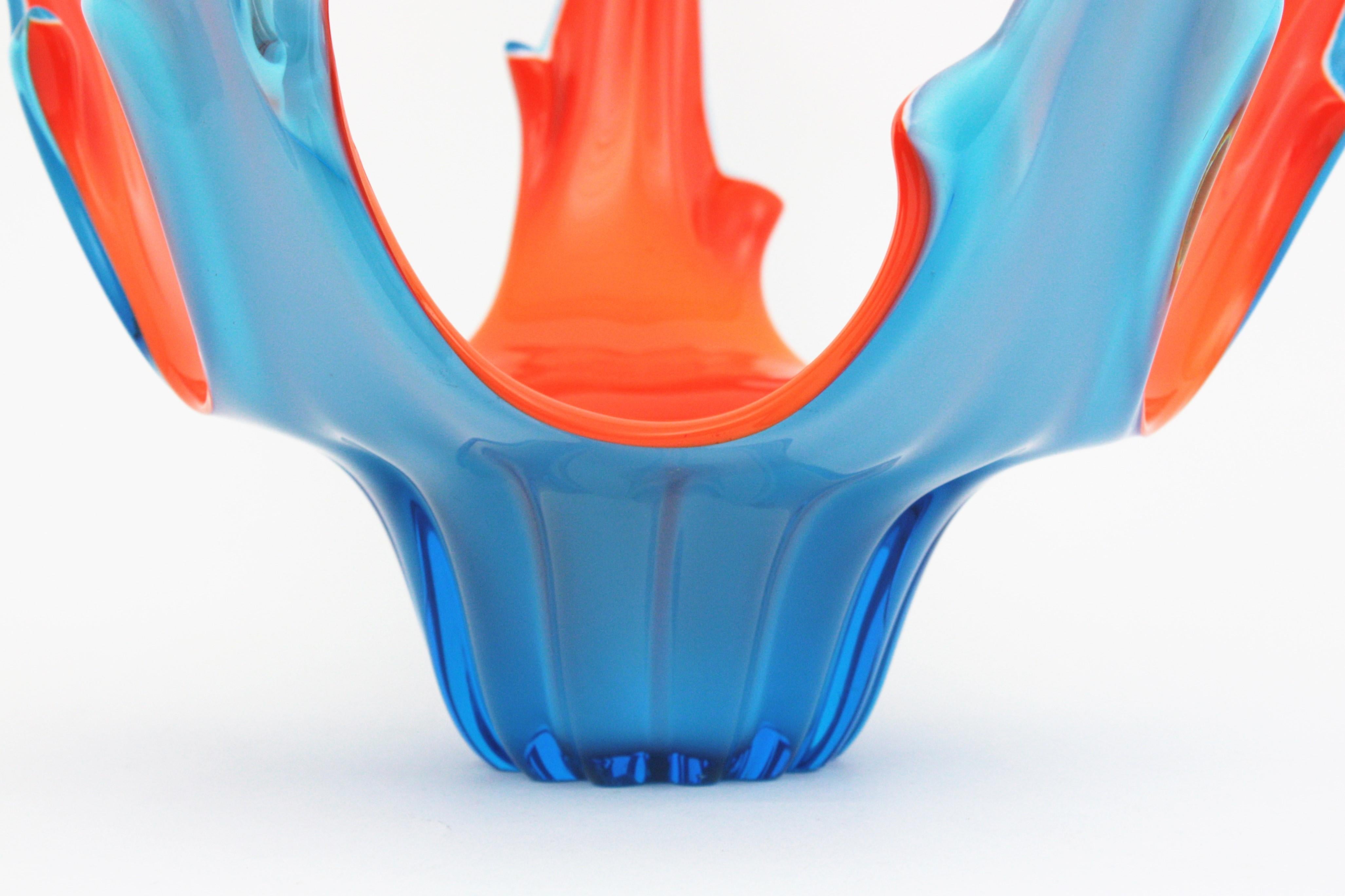 Italian Modernist Murano Orange and Blue Art Glass Centerpiece Bowl 6